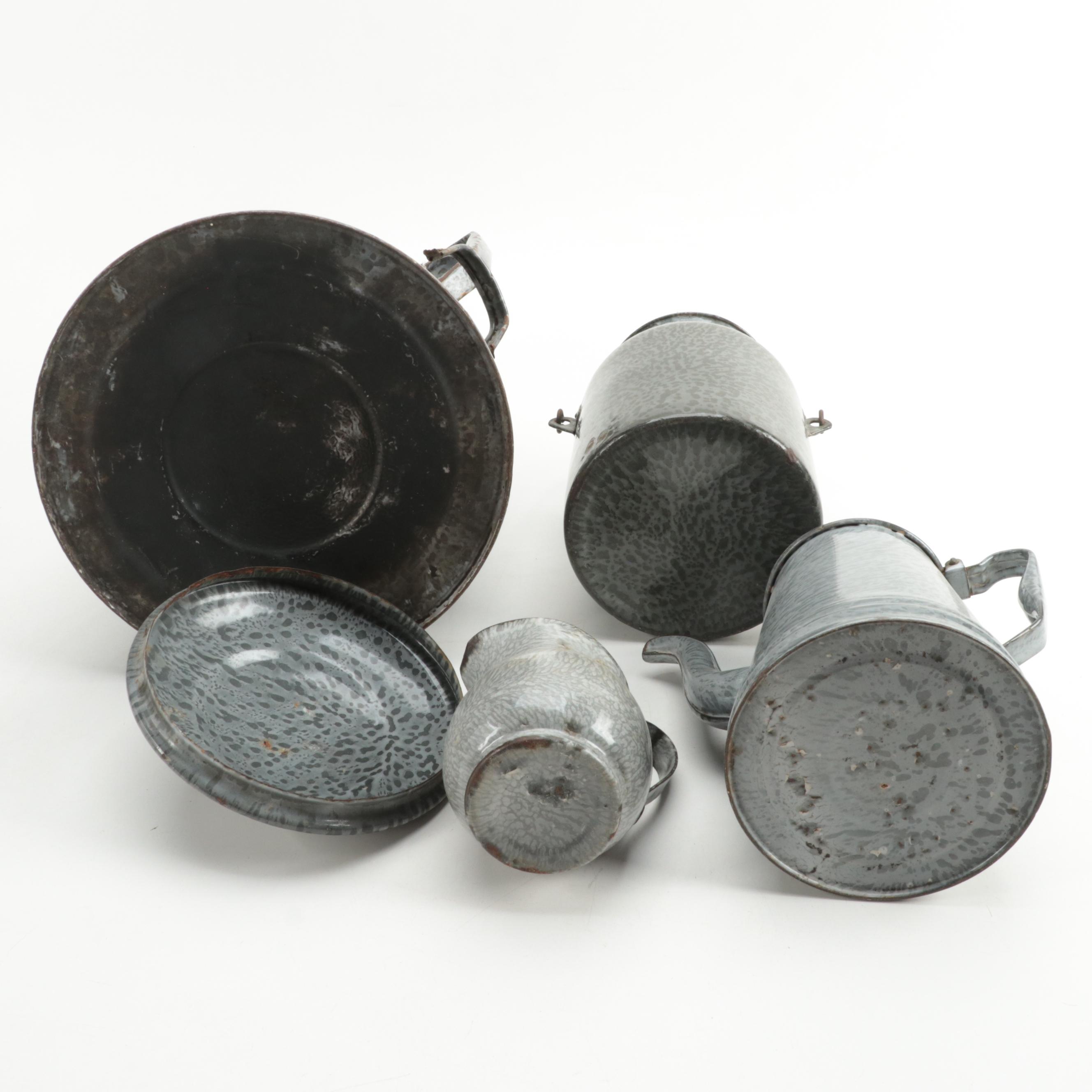 Gray Mottled Enamelware Coffee Kettle, Jug and More, Early 20th Century
