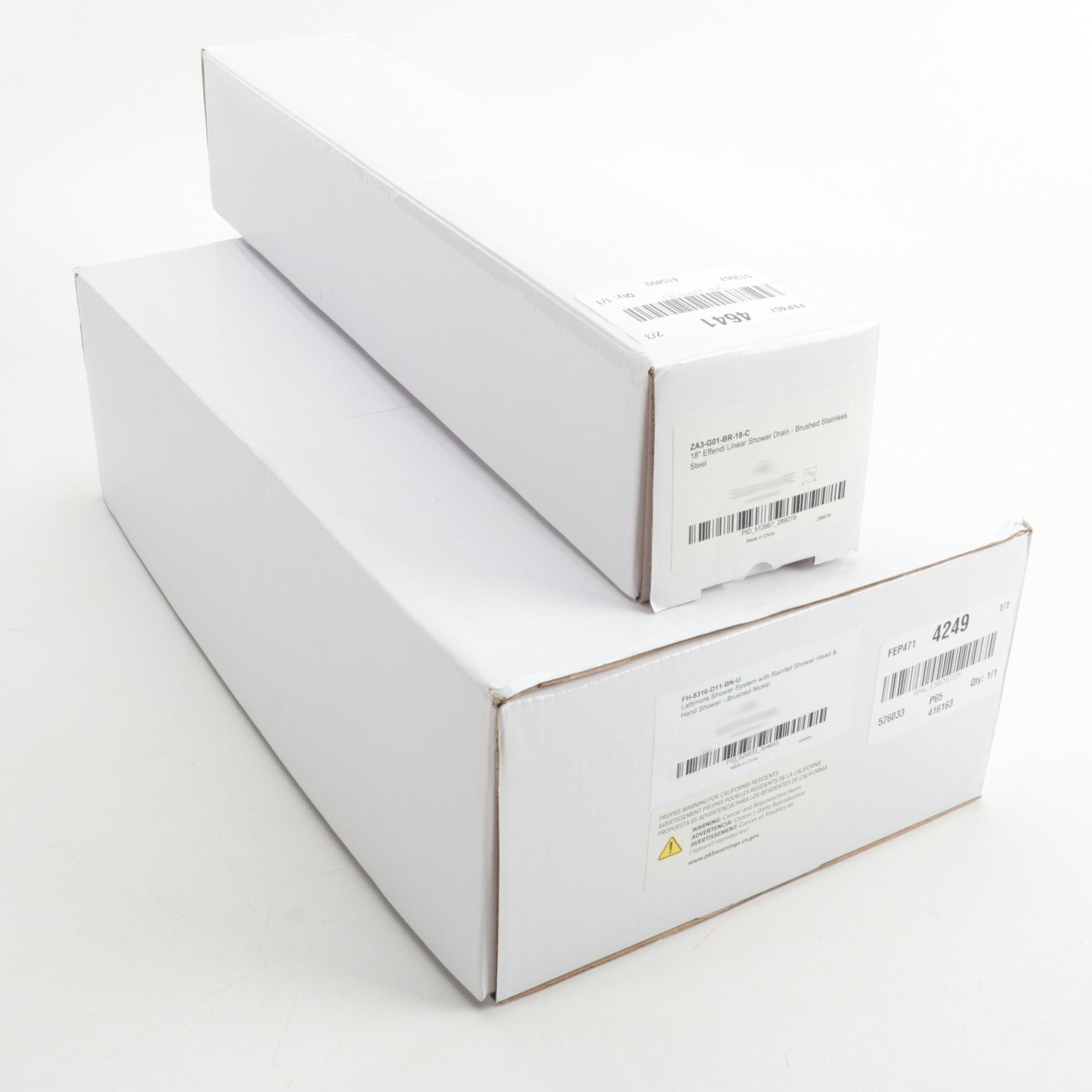 Brushed Nickel Finish Shower System with Rainfall Shower Head and Linear Drain