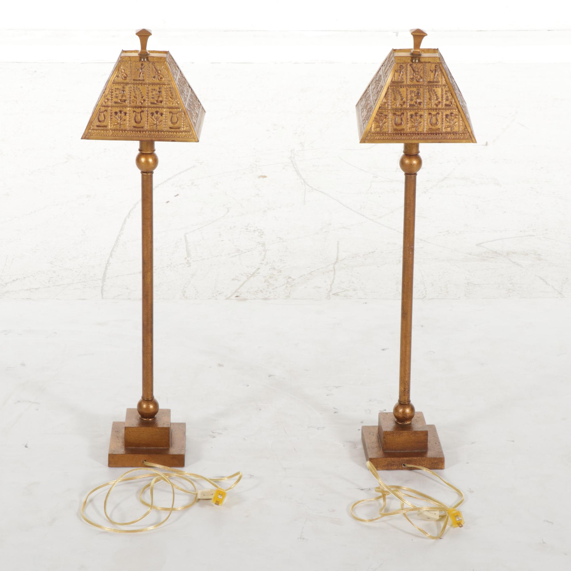 Pair of Copper Colored Table Lamps with Pressed Tin Shades