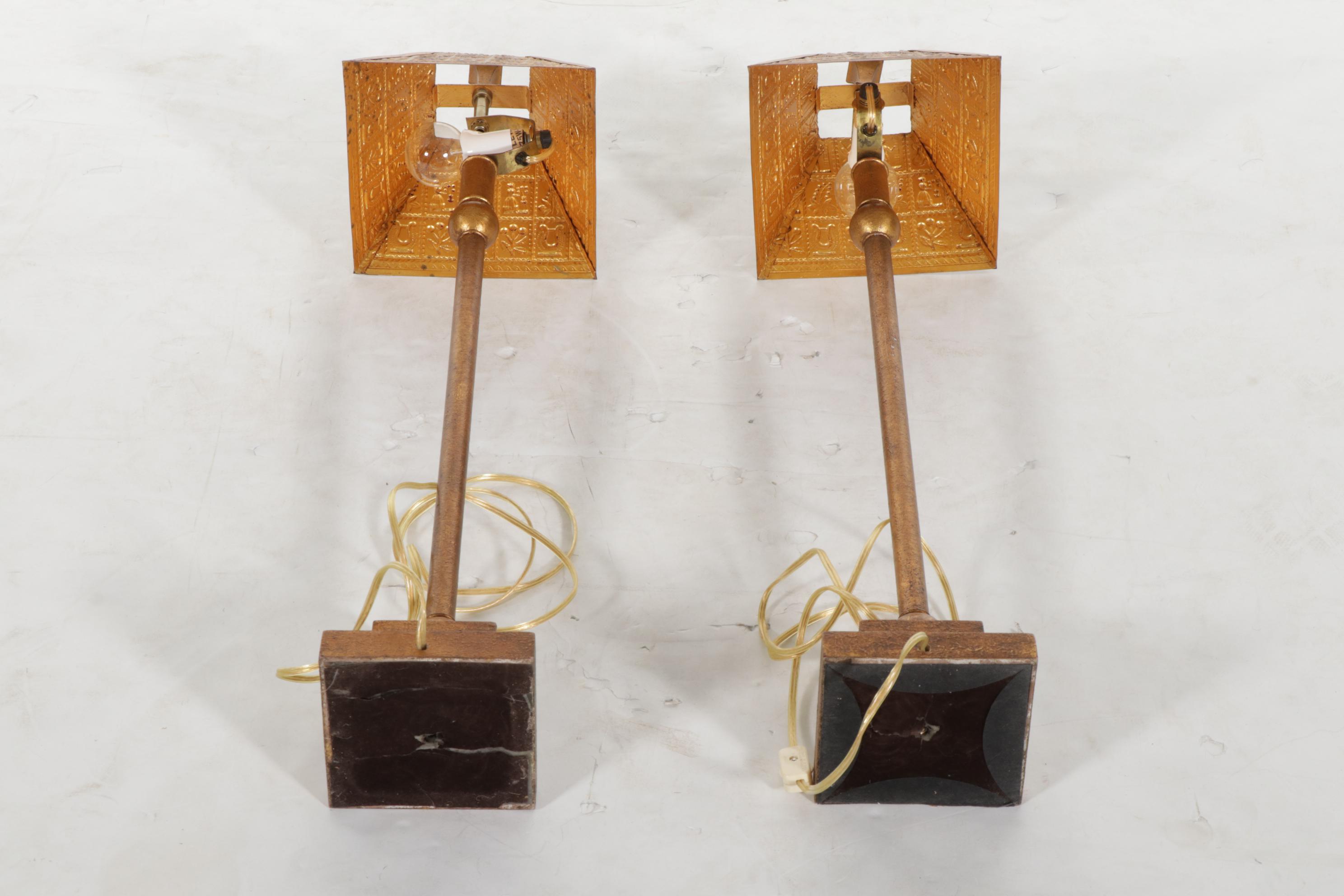 Pair of Copper Colored Table Lamps with Pressed Tin Shades