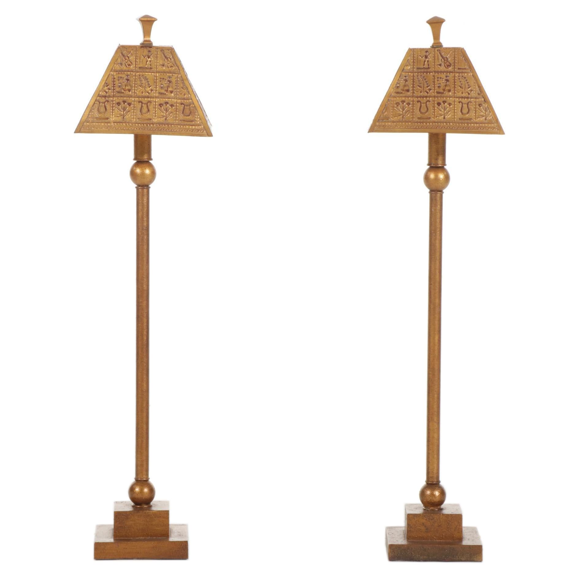 Pair of Copper Colored Table Lamps with Pressed Tin Shades