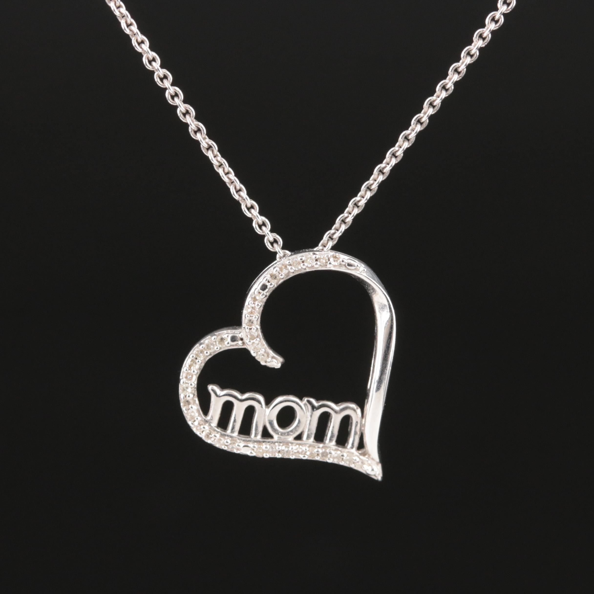 Sterling Diamond Mom Heart Pendant Necklace