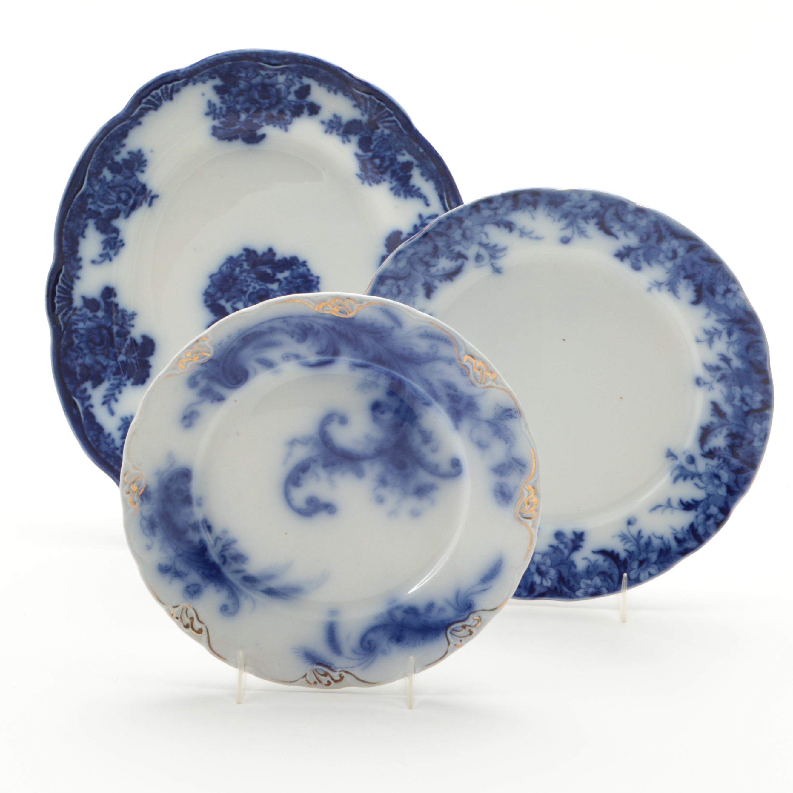 New Wharf Pottery "Waldorf" Oval Platter and Other English Flow Blue Dinnerware