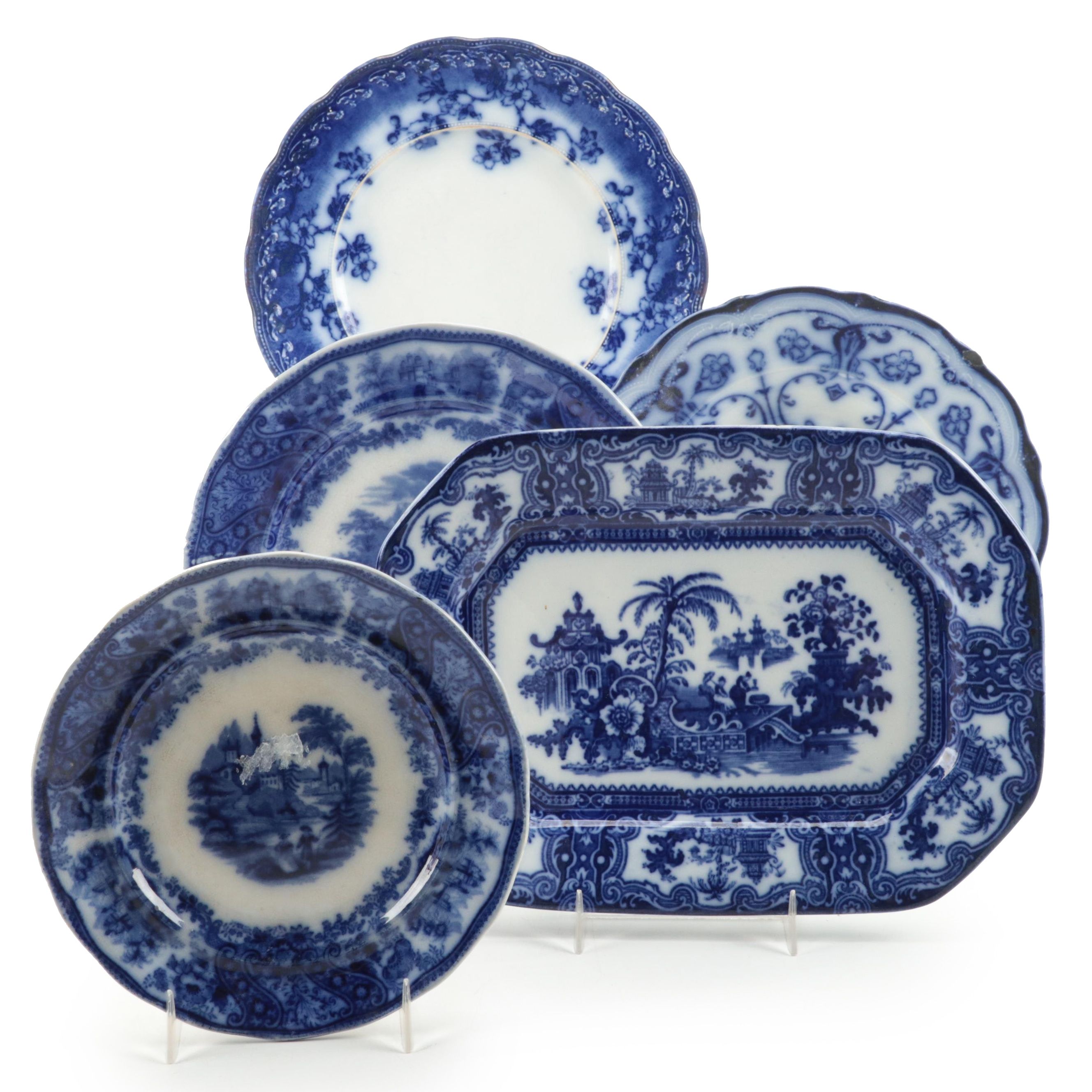 W. Adams & Co. "Kyber" Platter with Other Flow Blue Plates