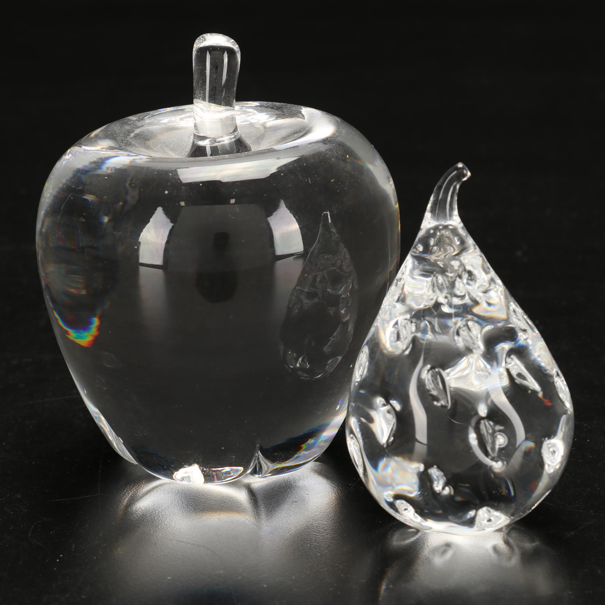 Steuben Art Glass Apple and Fig Paperweights, Late 20th Century