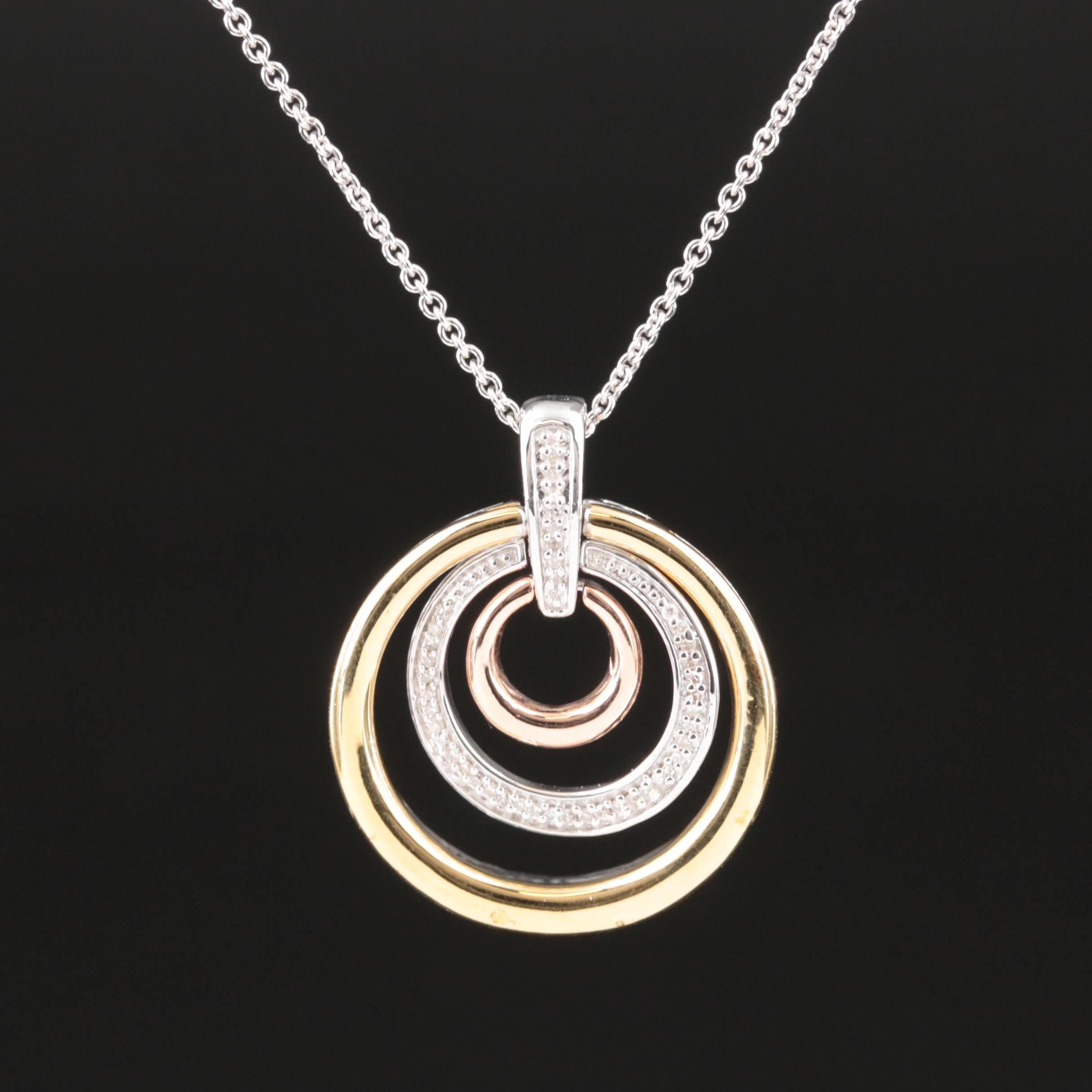 Sterling Diamond Concentric Circle Pendant Necklace with 14K Gold-Filled Accent