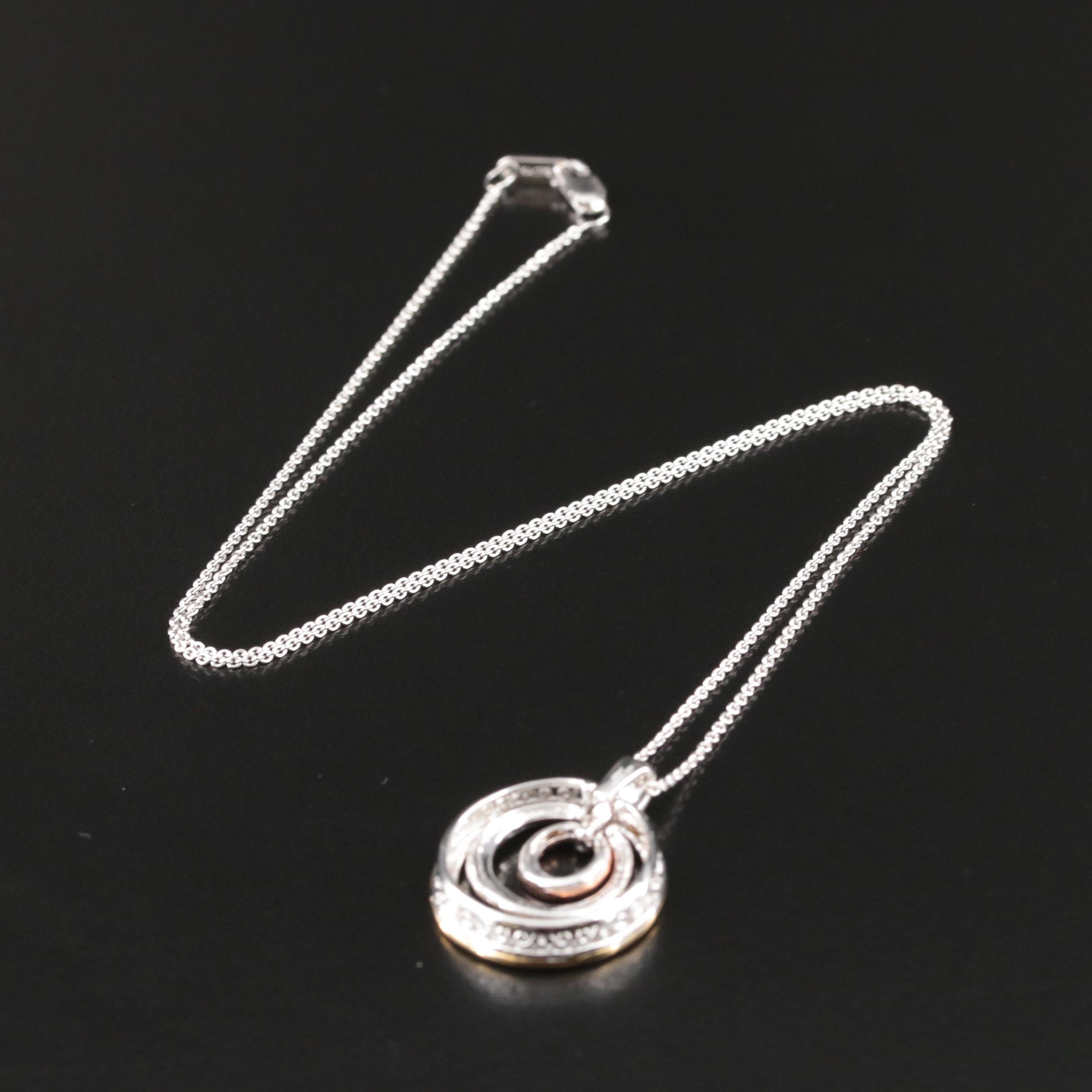 Sterling Diamond Concentric Circle Pendant Necklace with 14K Gold-Filled Accent