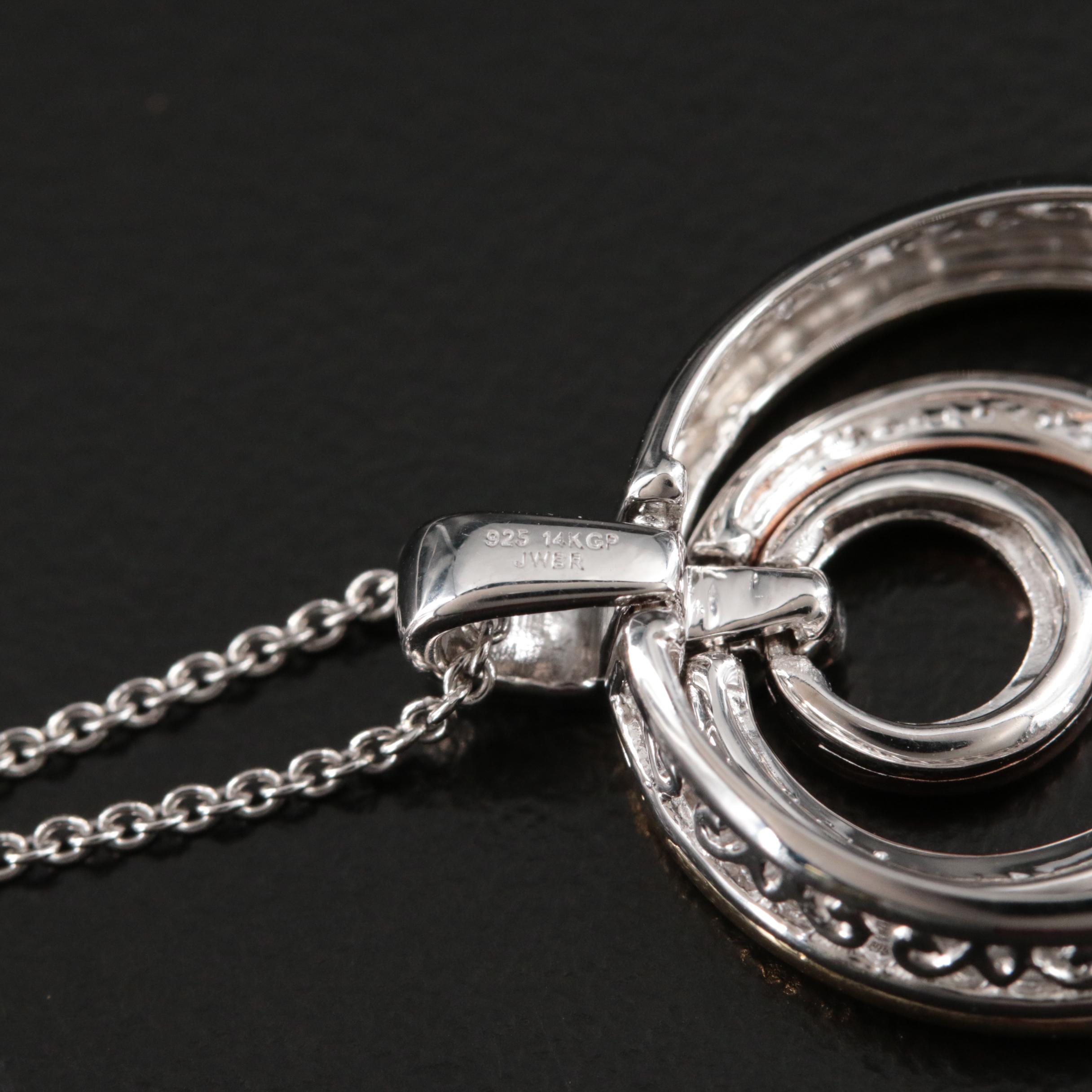 Sterling Diamond Concentric Circle Pendant Necklace with 14K Gold-Filled Accent