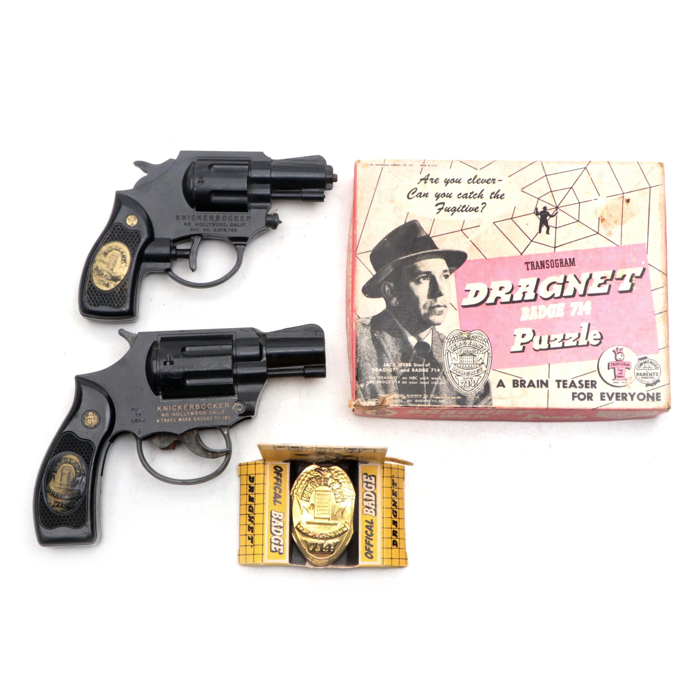 Knickerbocker and Other "Dragnet" Toy Guns, Puzzle and Badge, Mid-20th C