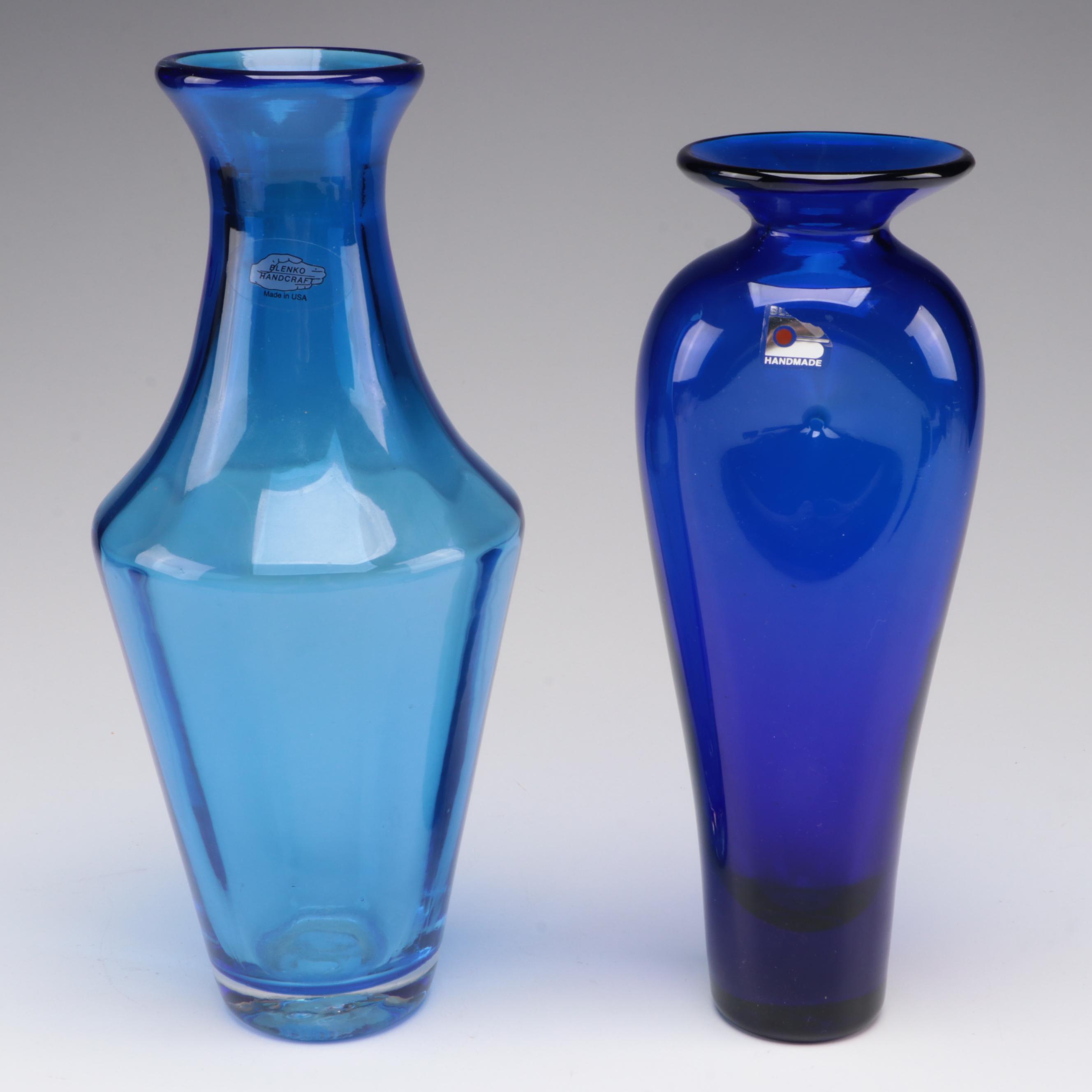 Blenko Handmade Blown Studio Blue Glass Vases