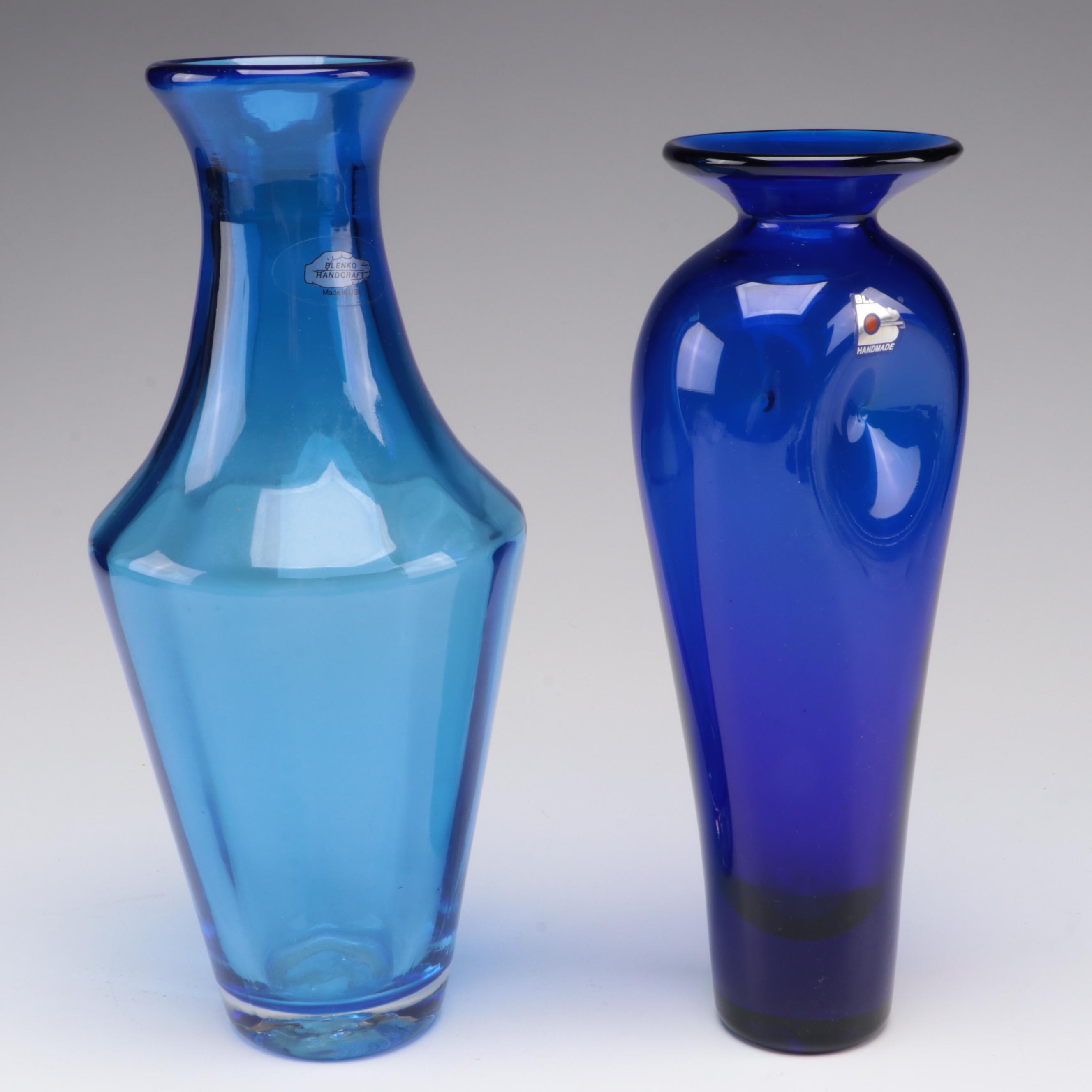 Blenko Handmade Blown Studio Blue Glass Vases