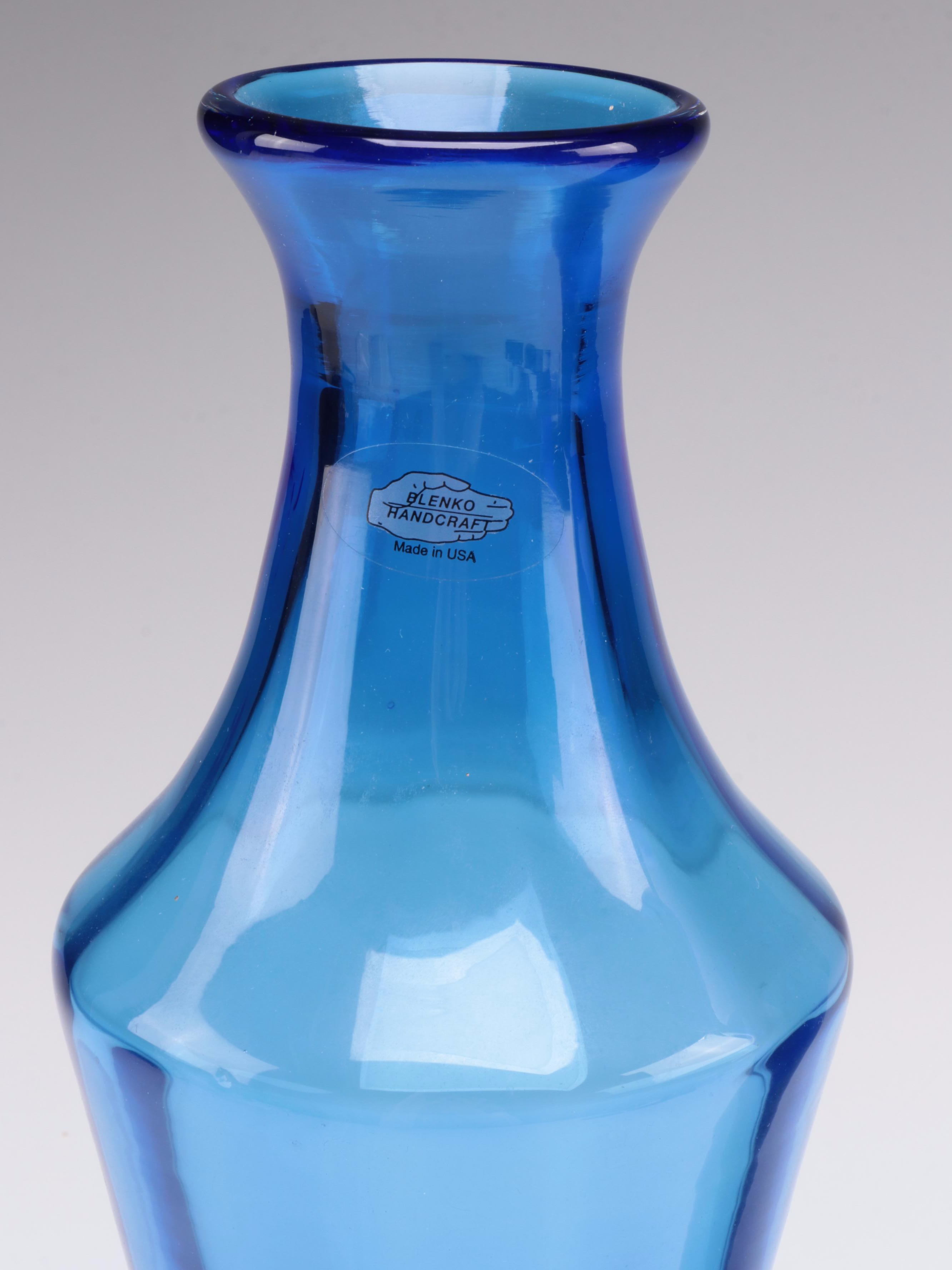 Blenko Handmade Blown Studio Blue Glass Vases