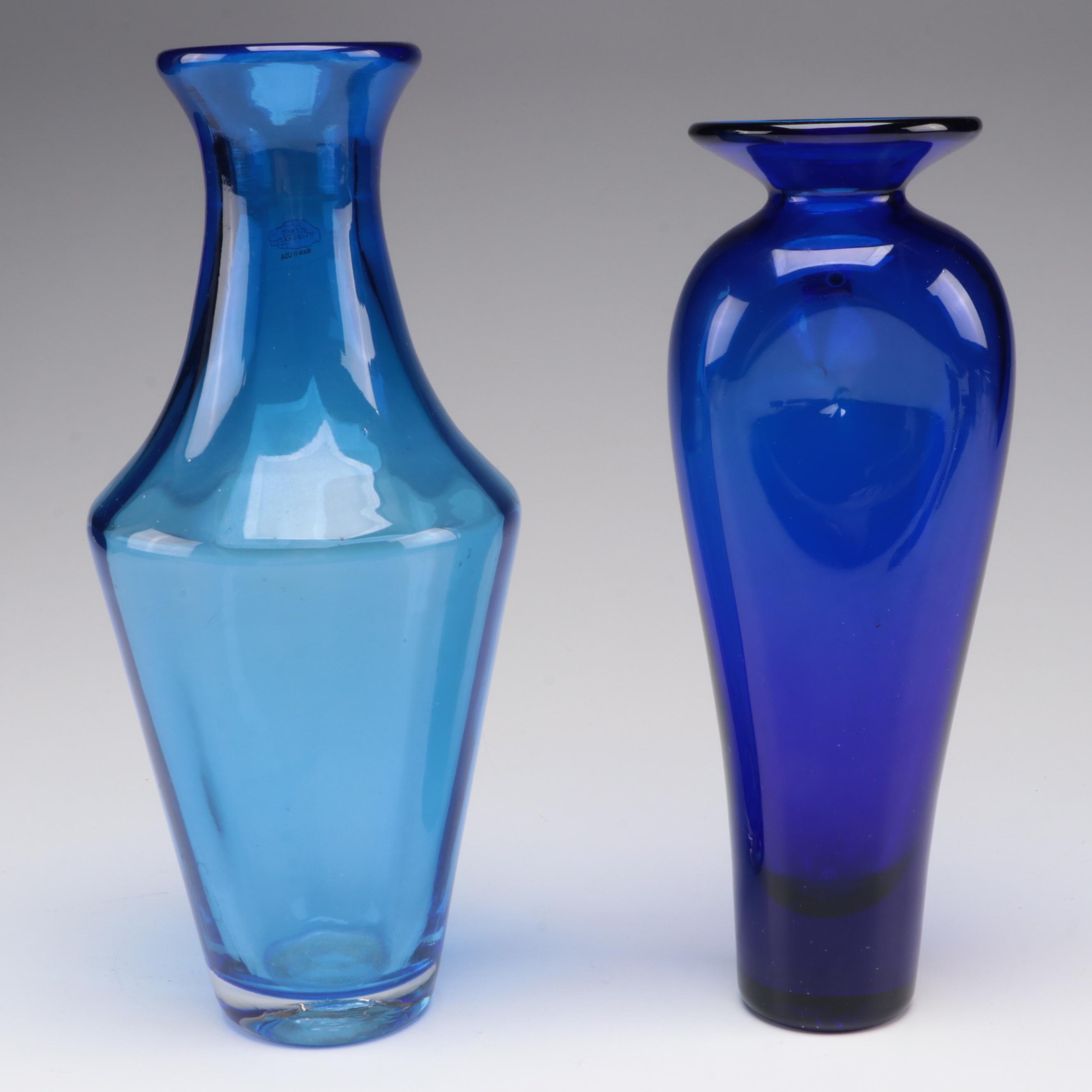 Blenko Handmade Blown Studio Blue Glass Vases