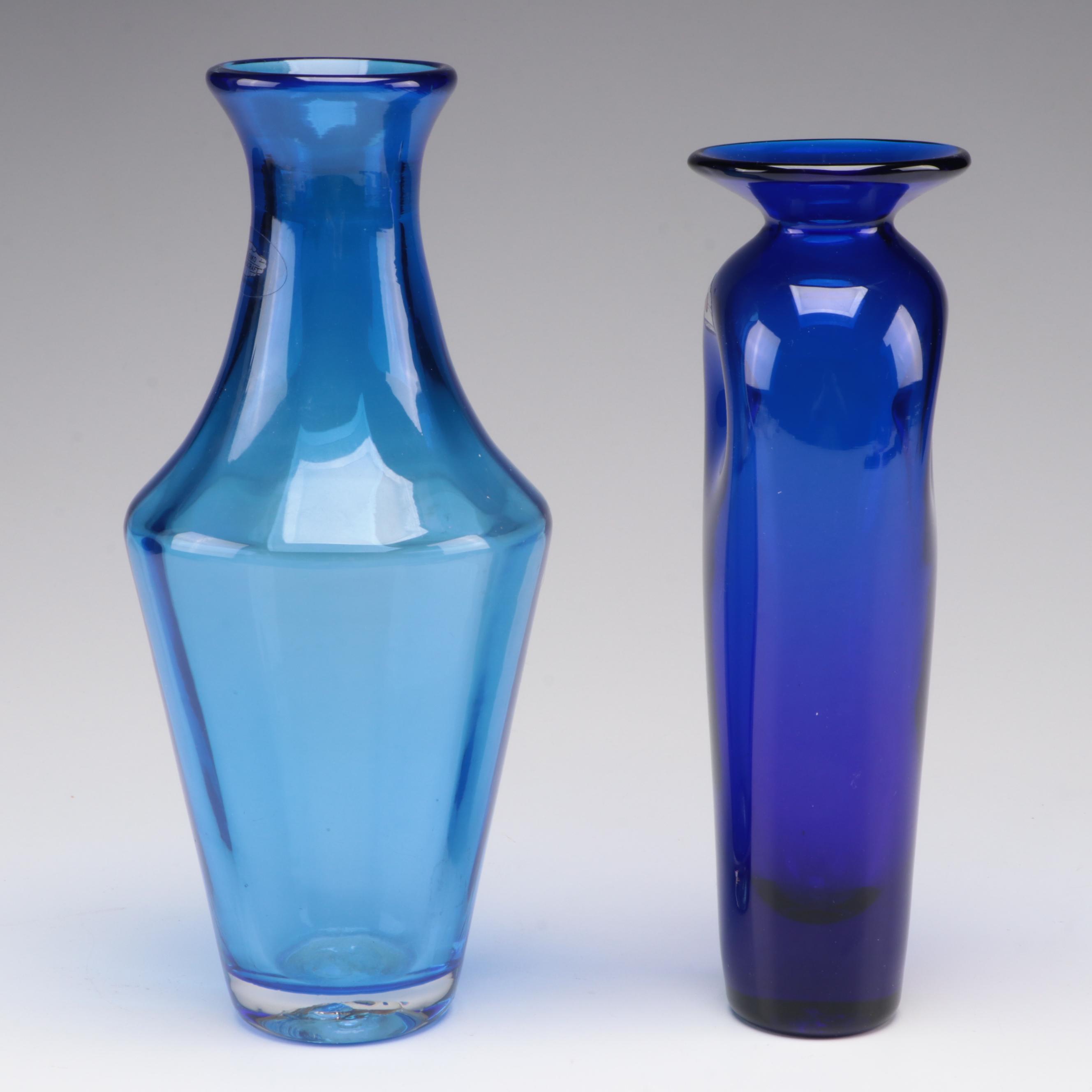 Blenko Handmade Blown Studio Blue Glass Vases