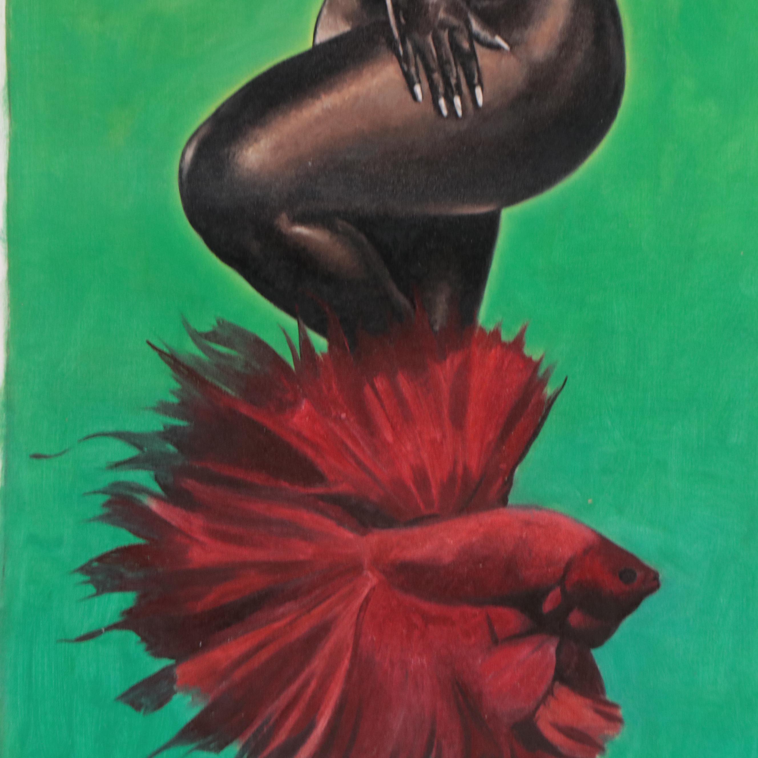 Osmel Almora Miró Oil Painting of Nude and Betta Fish "Queen of the Stars," 2022