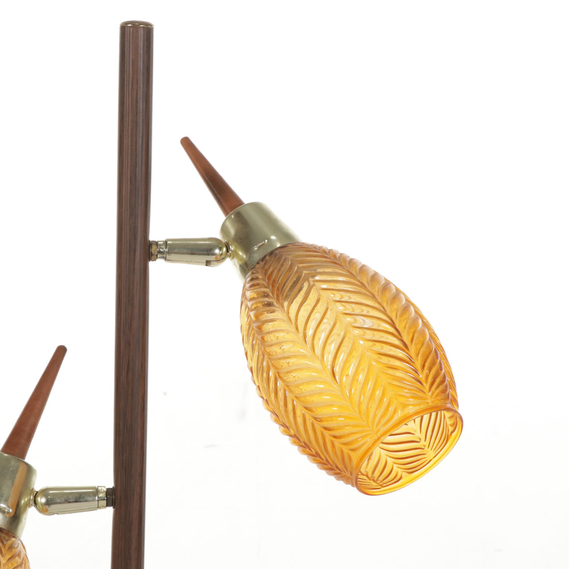 Mid Century Modern Walnut, Metal and Amber Glass Three-Light Pole Lamp, 1970s