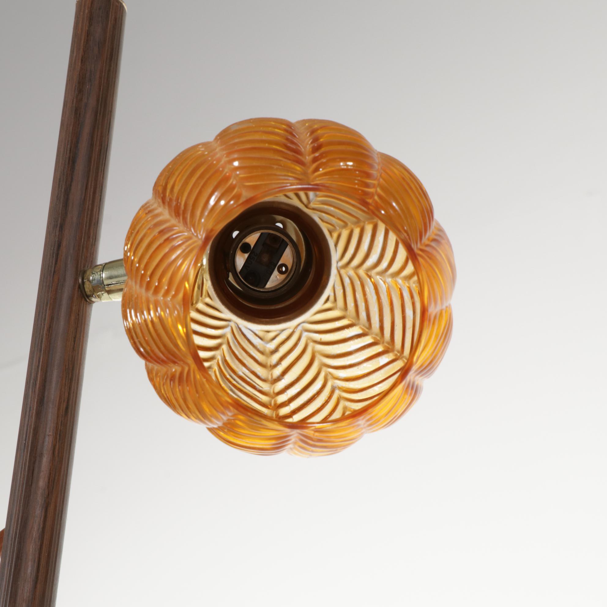 Mid Century Modern Walnut, Metal and Amber Glass Three-Light Pole Lamp, 1970s