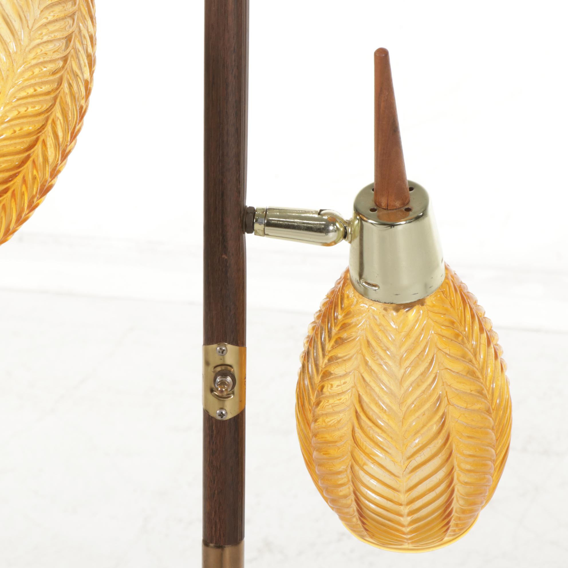 Mid Century Modern Walnut, Metal and Amber Glass Three-Light Pole Lamp, 1970s