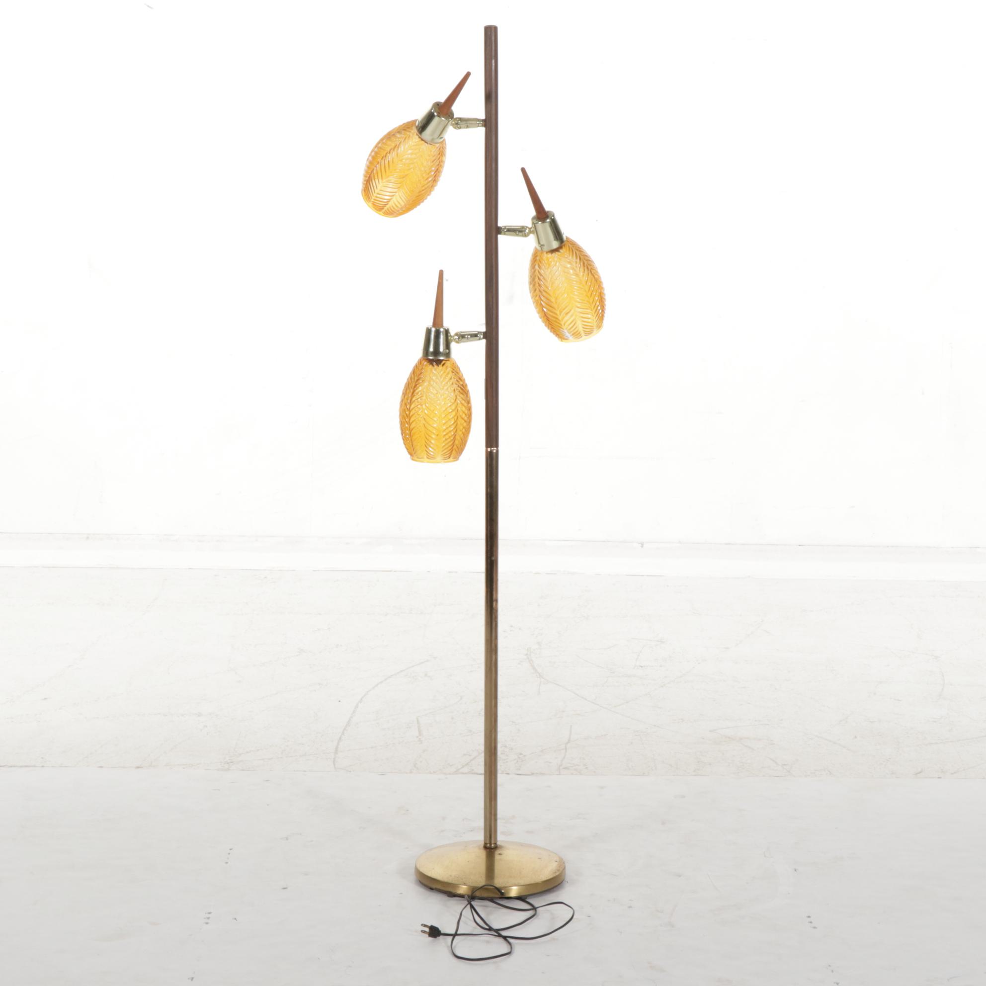 Mid Century Modern Walnut, Metal and Amber Glass Three-Light Pole Lamp, 1970s