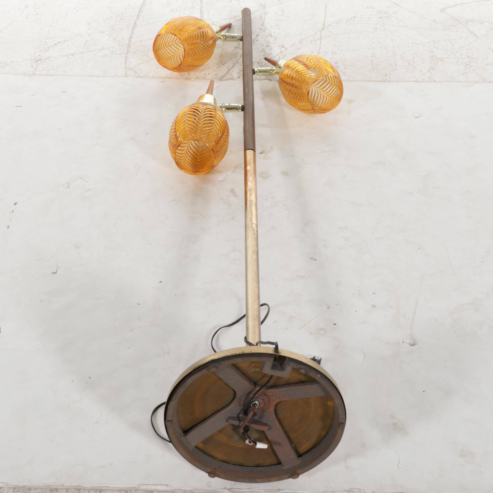 Mid Century Modern Walnut, Metal and Amber Glass Three-Light Pole Lamp, 1970s