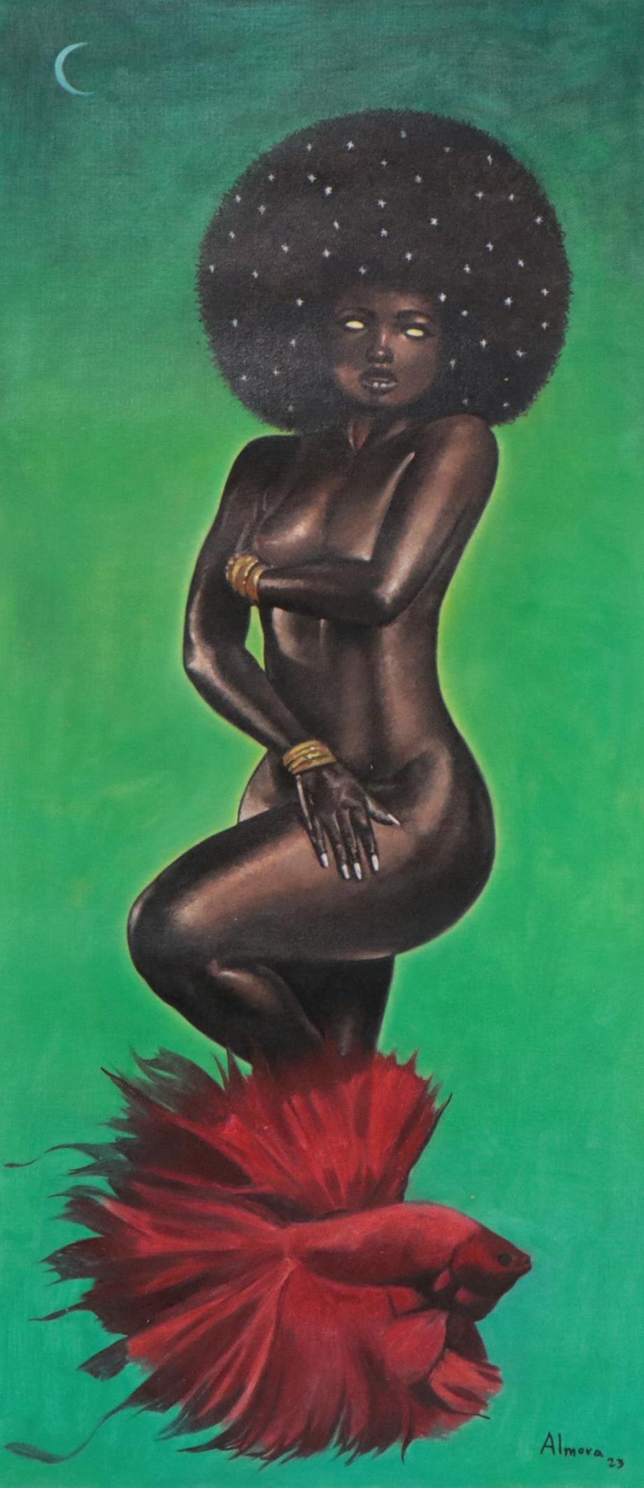 Osmel Almora Miró Oil Painting of Nude and Betta Fish "Queen of the Stars," 2022