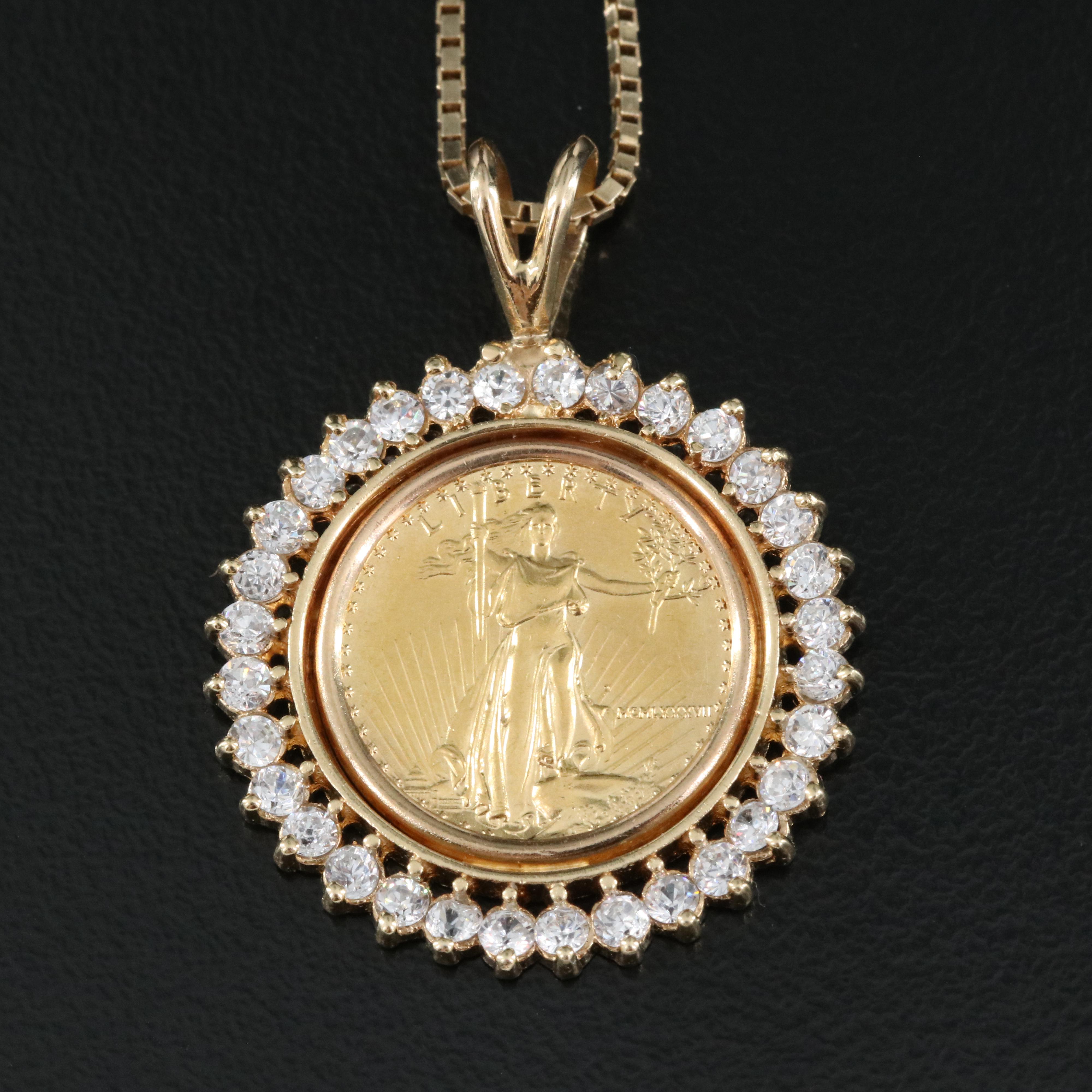 Italian 14K Pendant Necklace with 1987 $5 Gold Eagle Bullion Coin