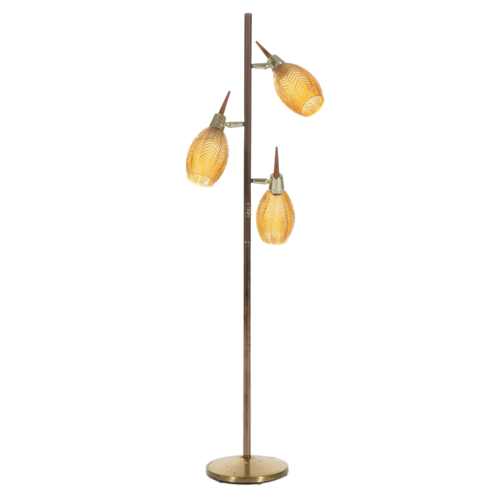 Mid Century Modern Walnut, Metal and Amber Glass Three-Light Pole Lamp, 1970s