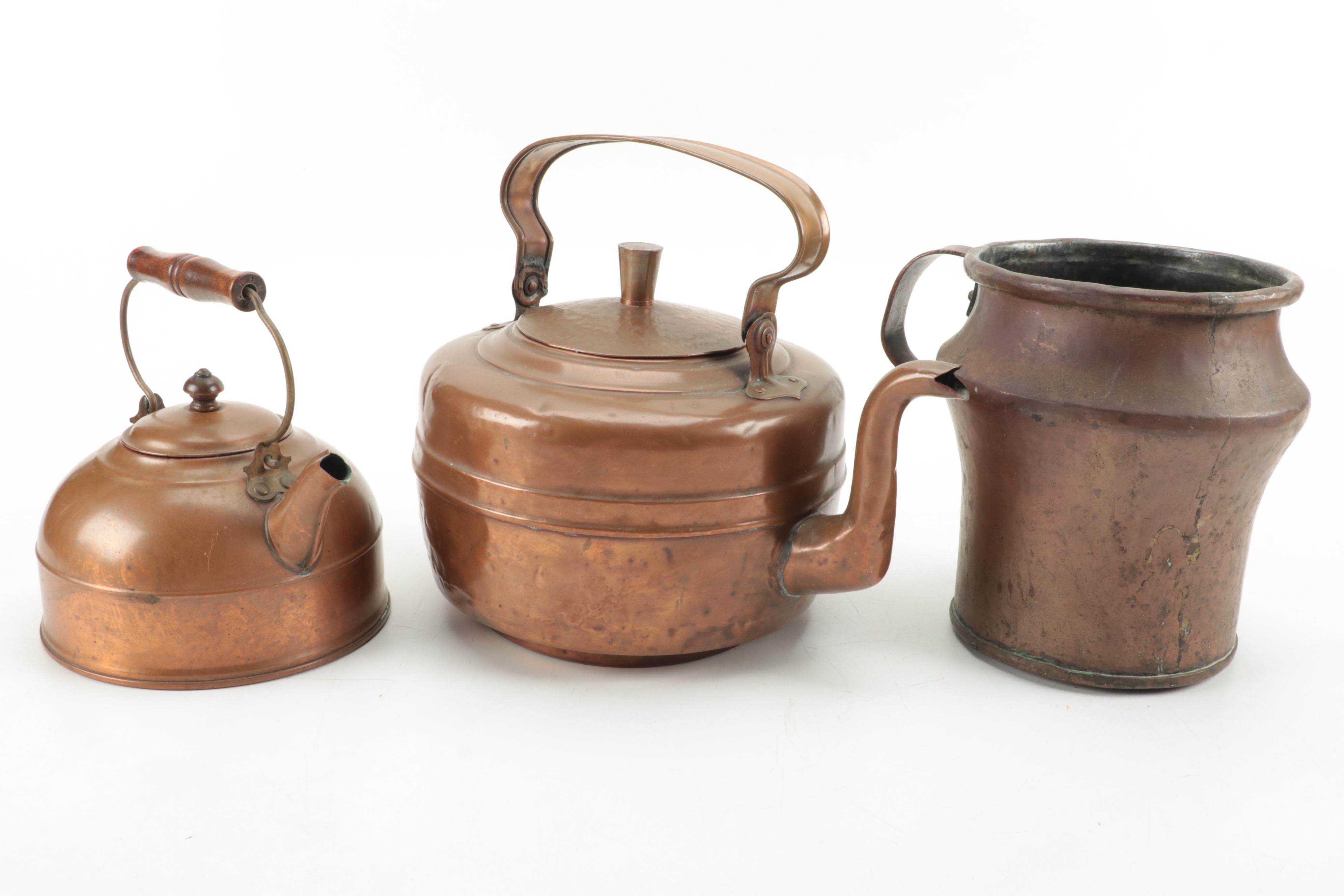 Dovetailed Copper Tavern Pitcher with Other Kettles