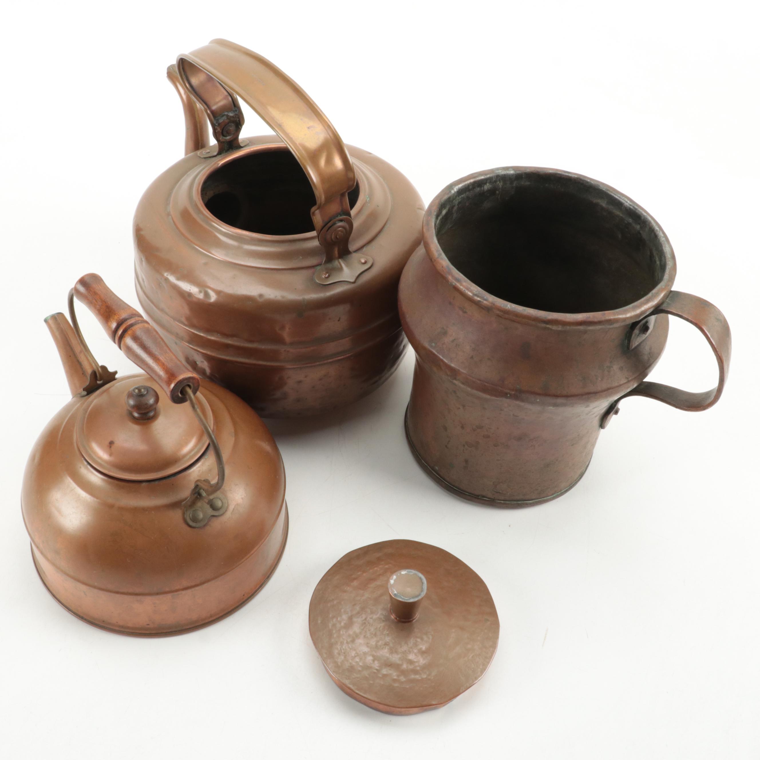 Dovetailed Copper Tavern Pitcher with Other Kettles
