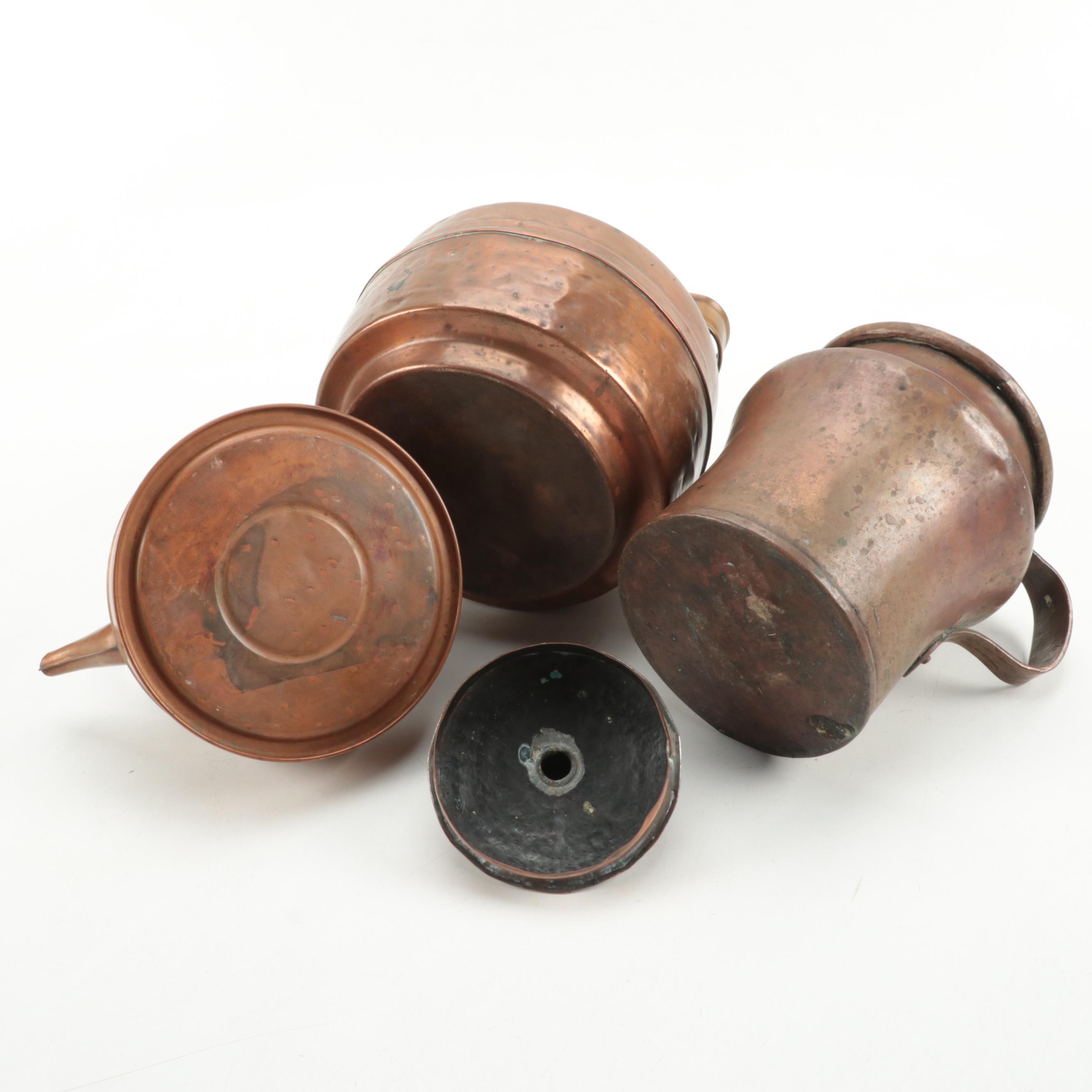 Dovetailed Copper Tavern Pitcher with Other Kettles