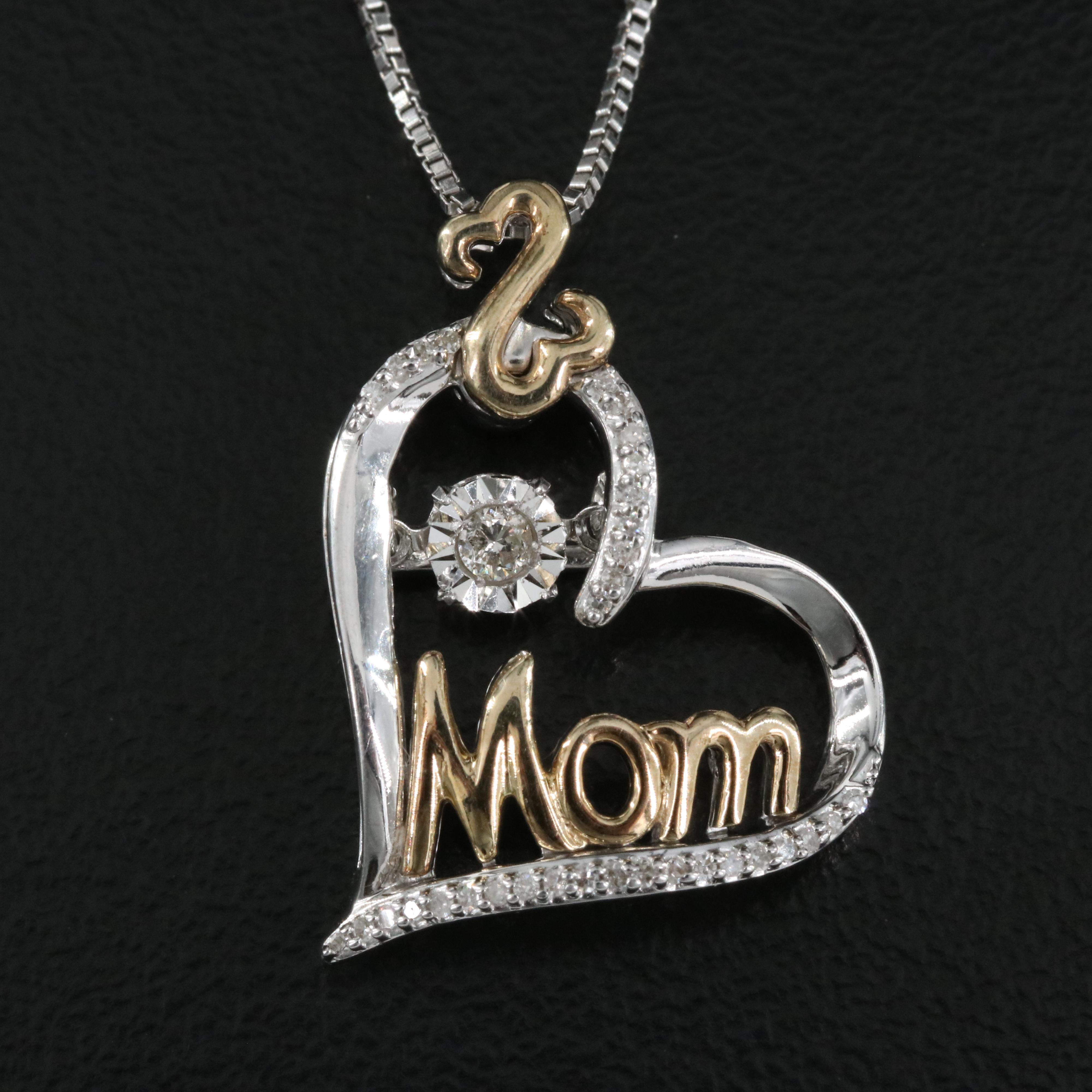Sterling Diamond "Mom" Open Heart Pendant with 10K Accents