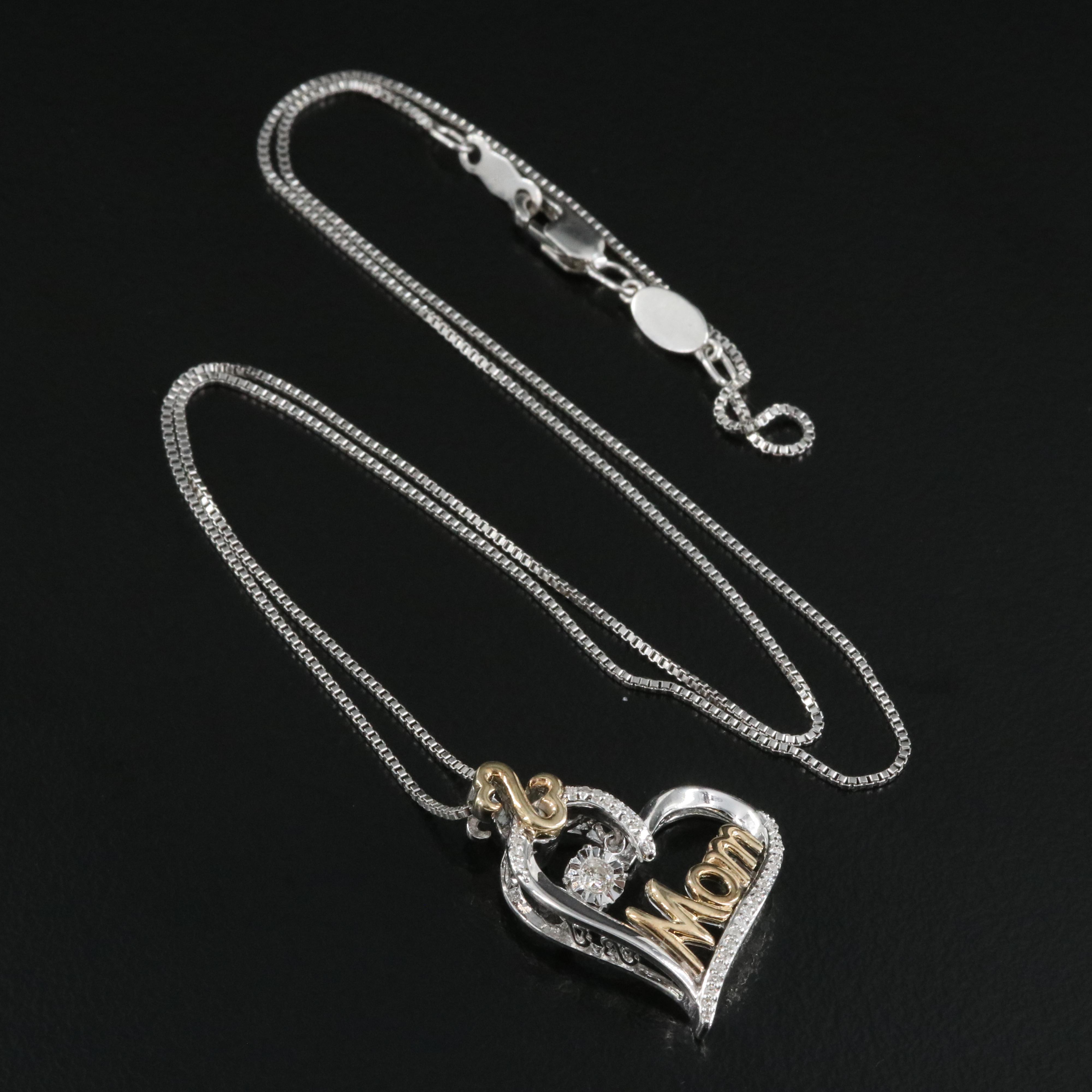 Sterling Diamond "Mom" Open Heart Pendant with 10K Accents