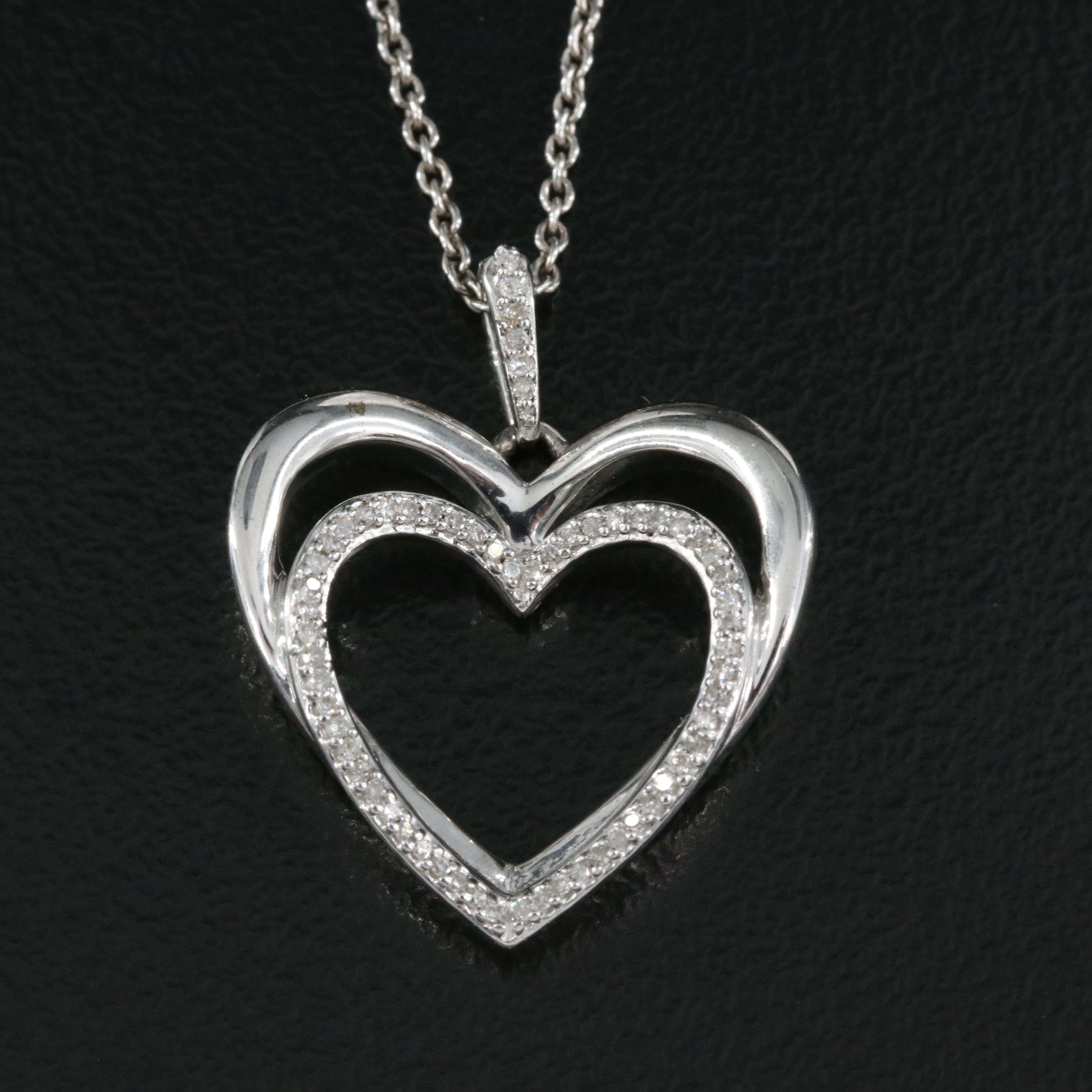 Sterling Diamond Double Heart Pendant Necklace