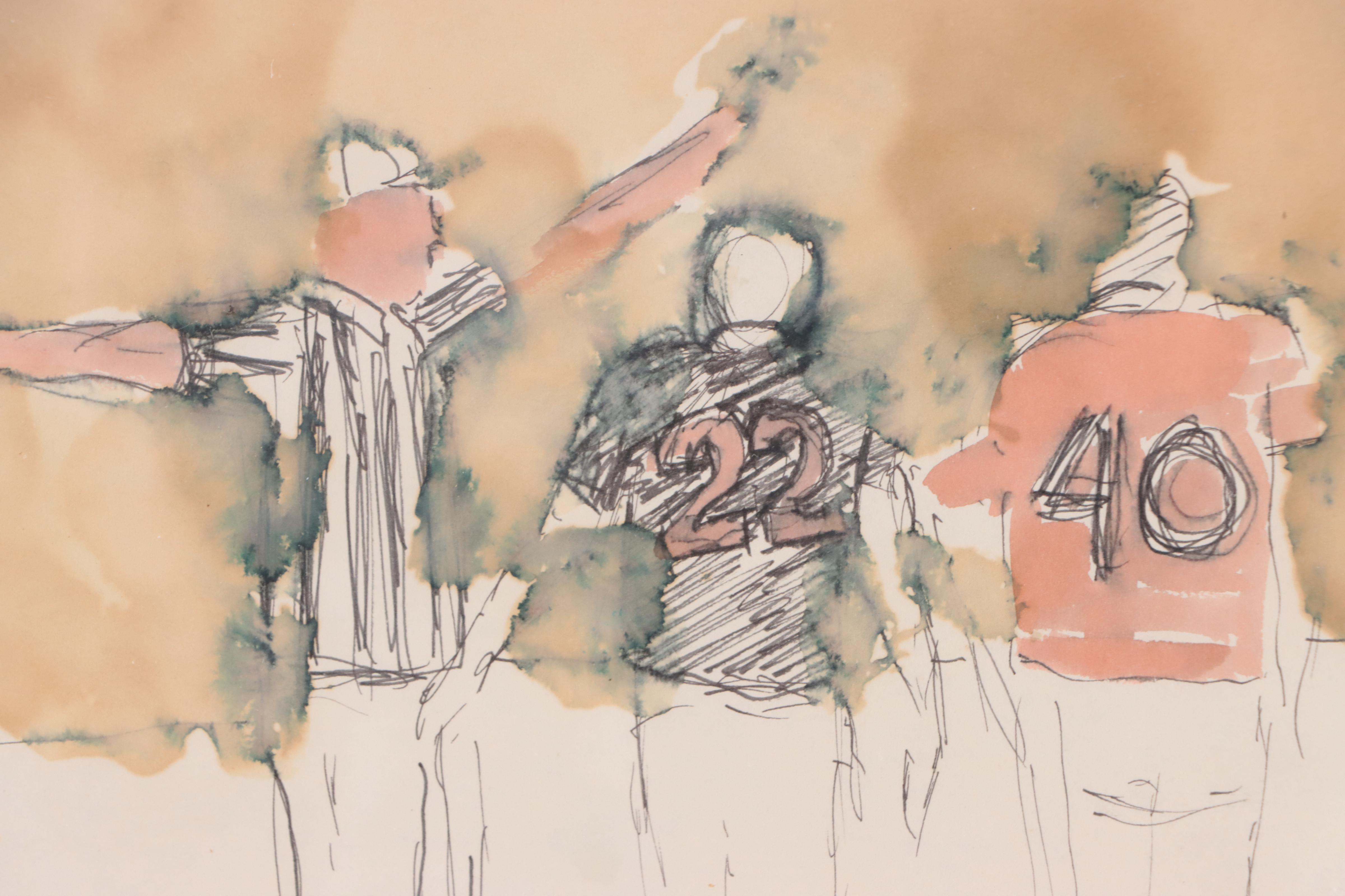 Harry Hilson Watercolor Painting of Football Players