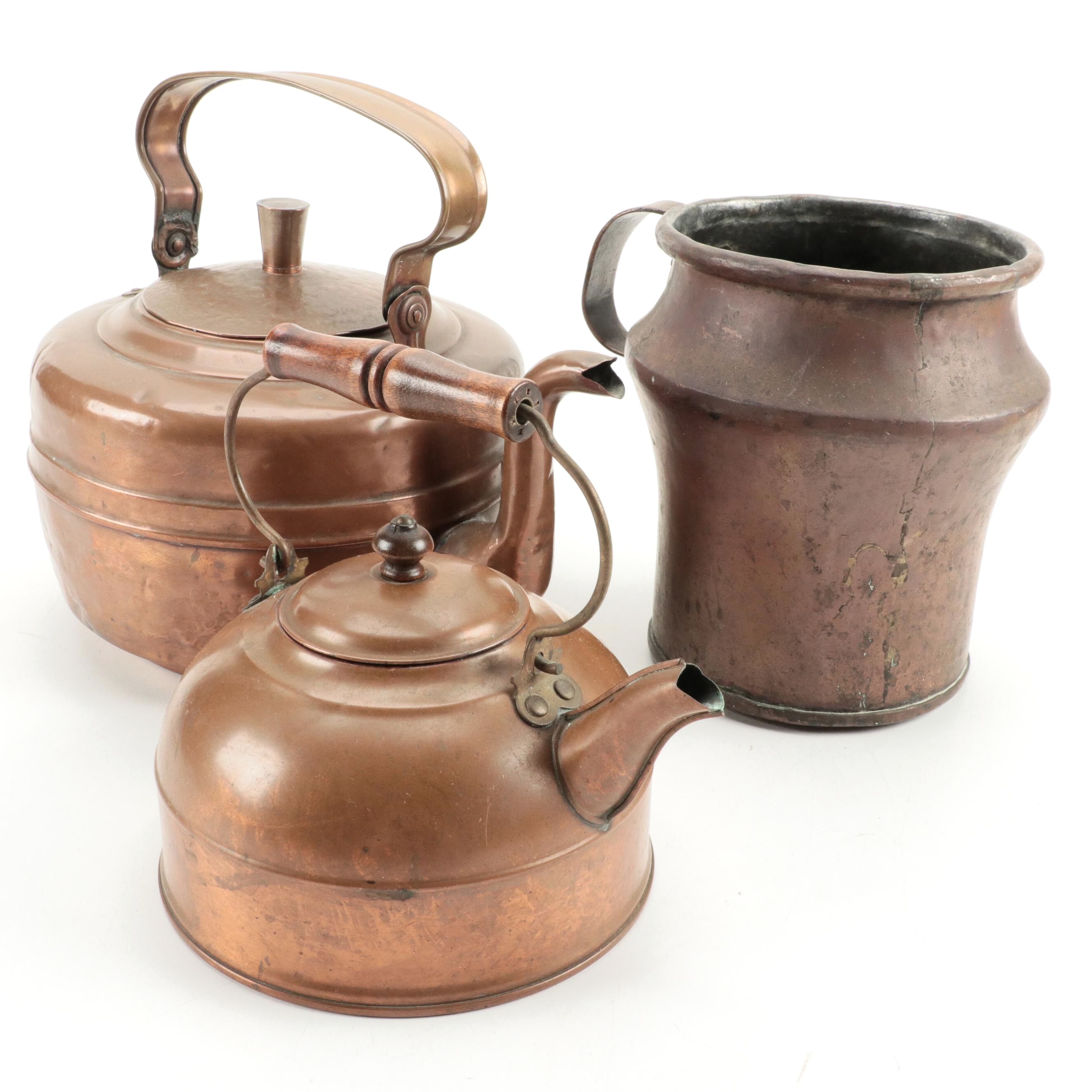 Dovetailed Copper Tavern Pitcher with Other Kettles