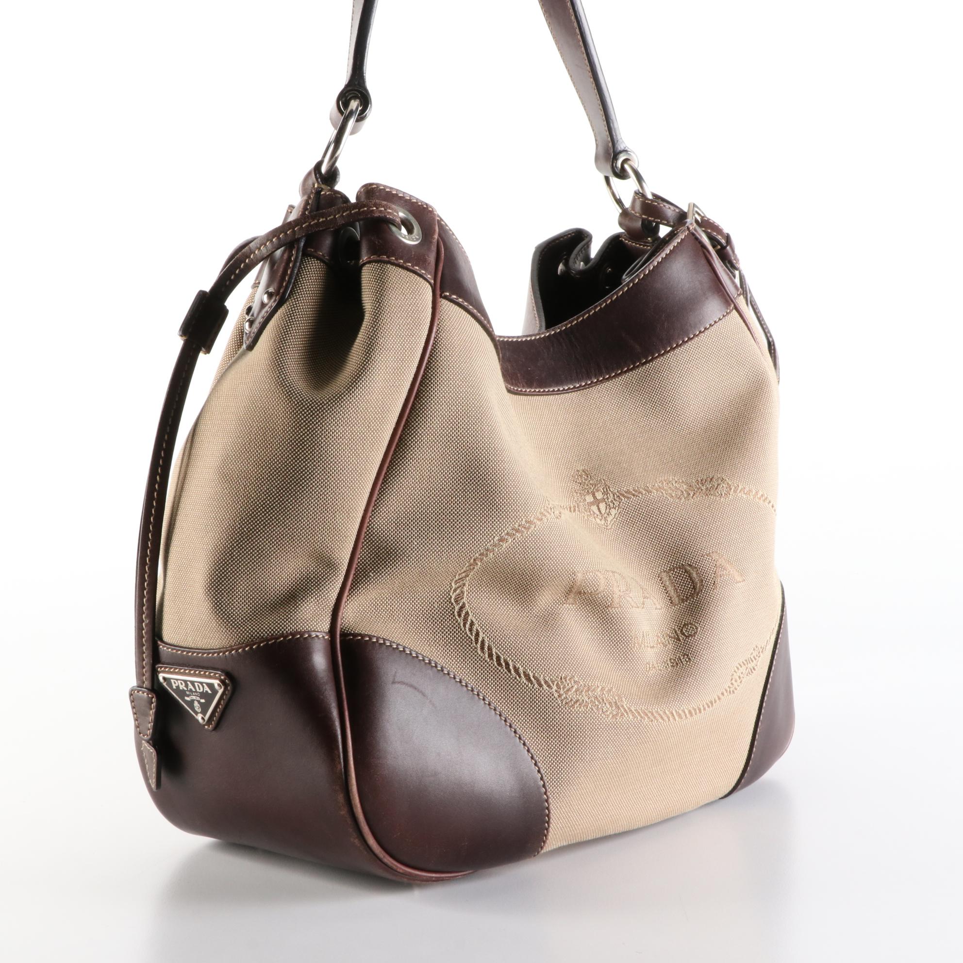 Prada Canapa Logo Canvas and Brown Leather Shoulder Bag