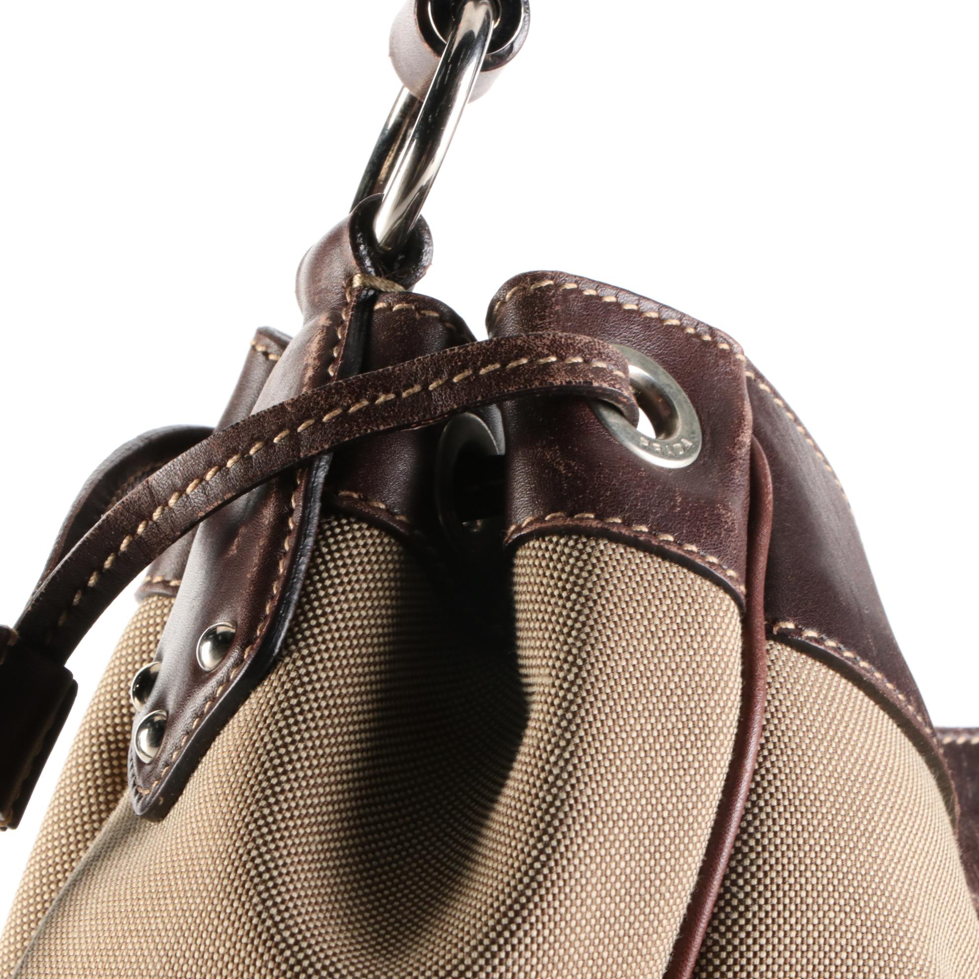 Prada Canapa Logo Canvas and Brown Leather Shoulder Bag