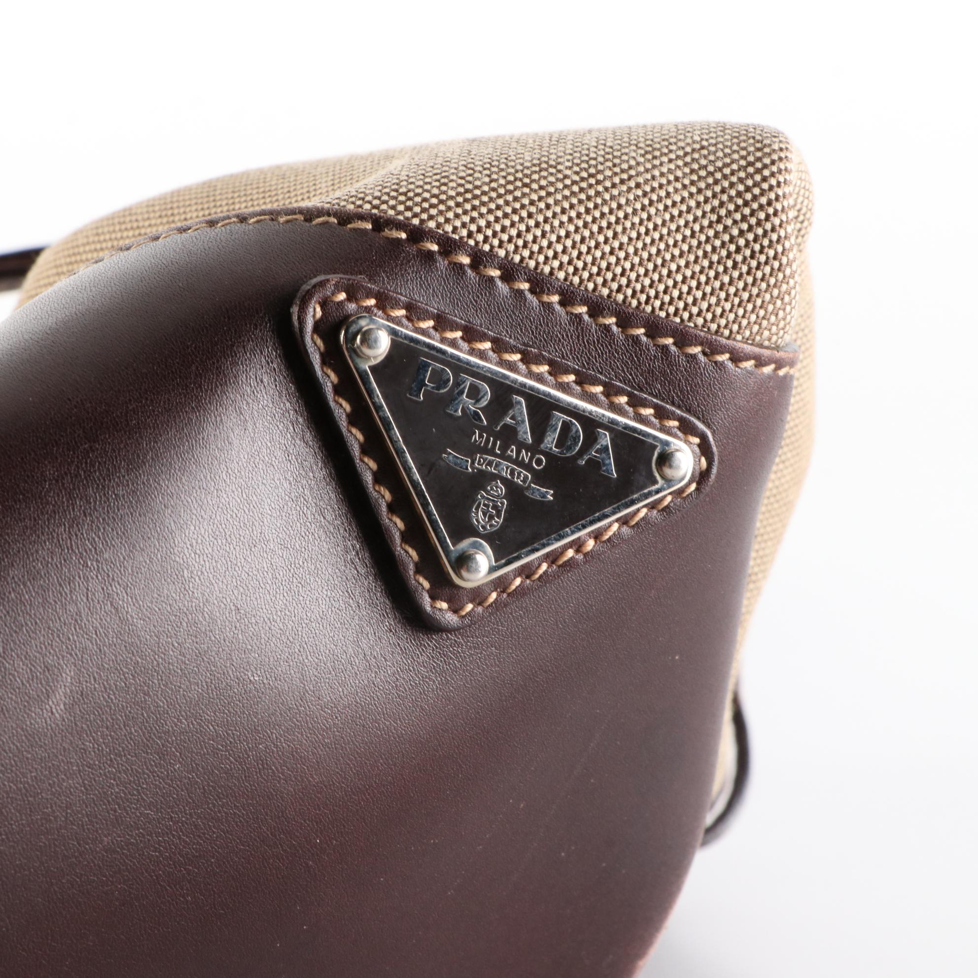 Prada Canapa Logo Canvas and Brown Leather Shoulder Bag