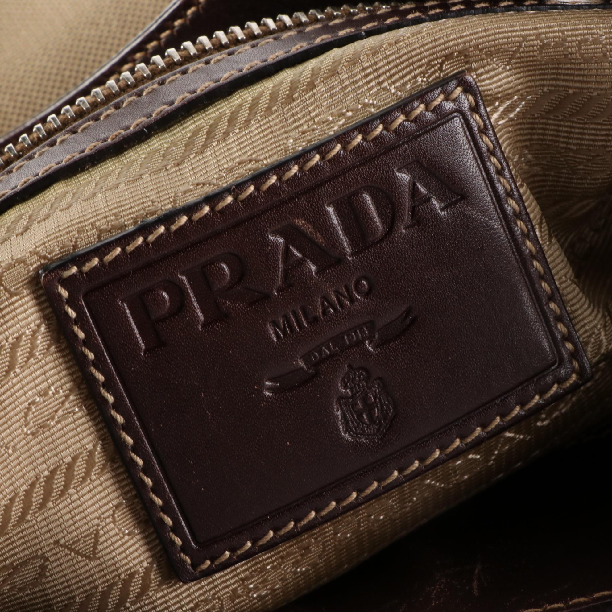 Prada Canapa Logo Canvas and Brown Leather Shoulder Bag