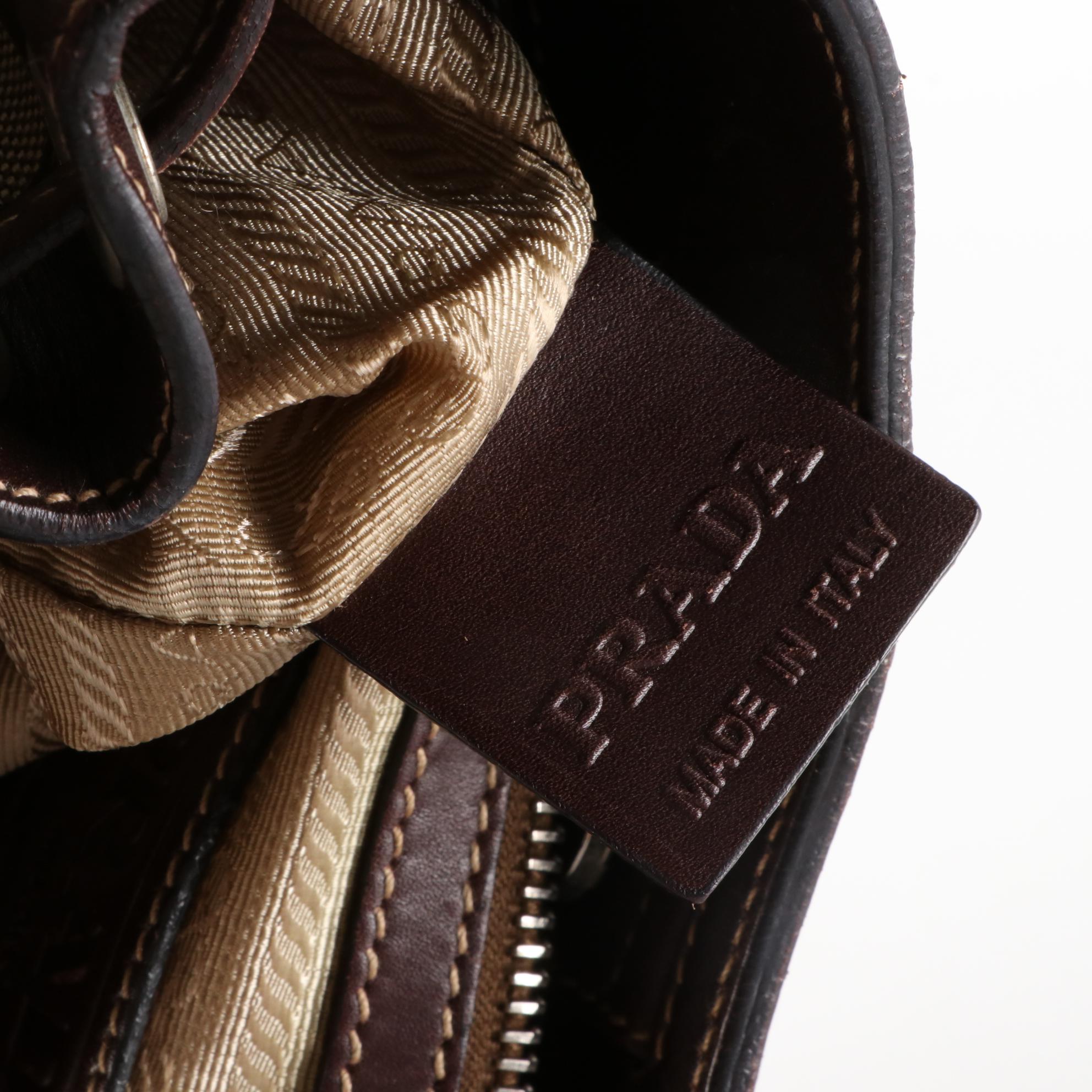 Prada Canapa Logo Canvas and Brown Leather Shoulder Bag