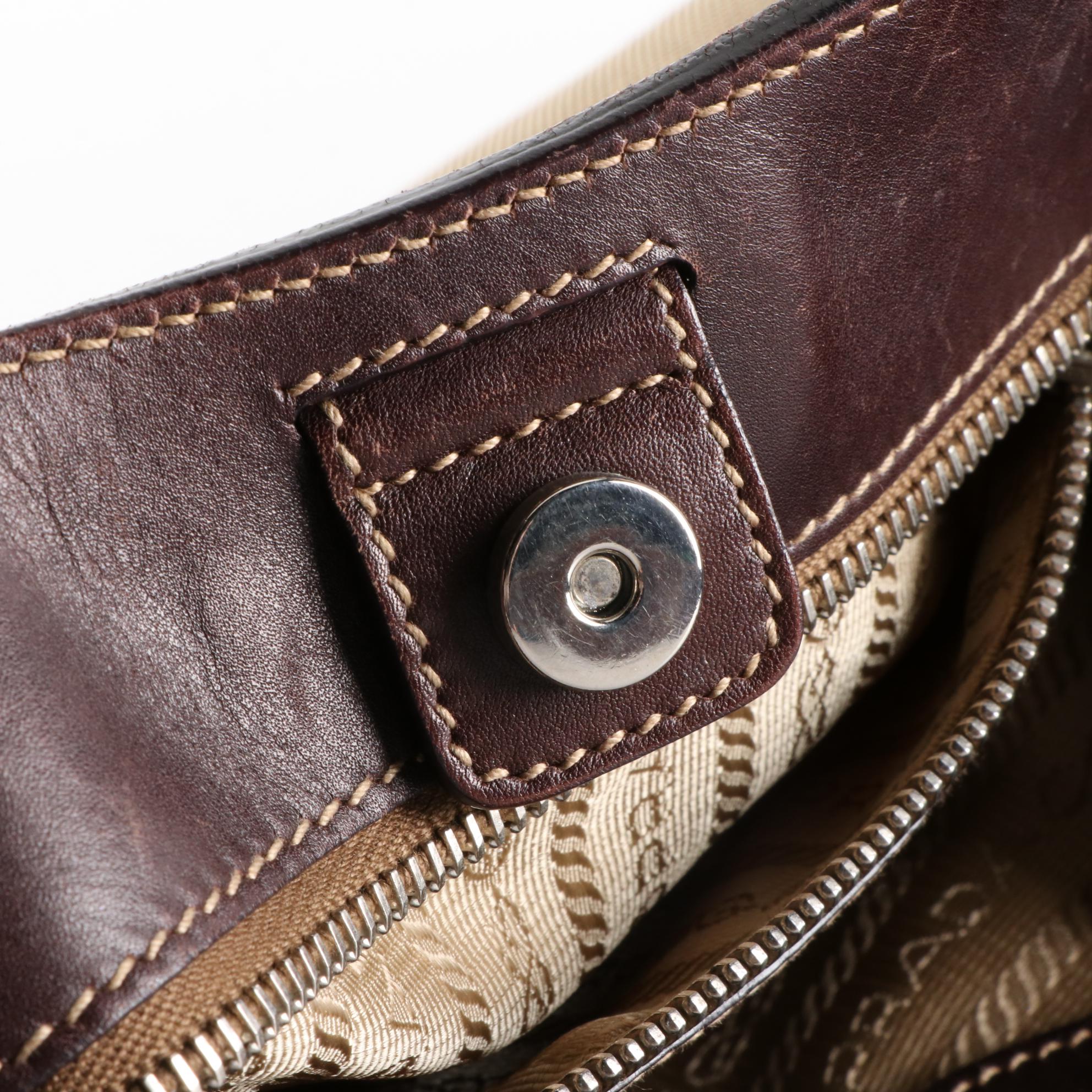 Prada Canapa Logo Canvas and Brown Leather Shoulder Bag