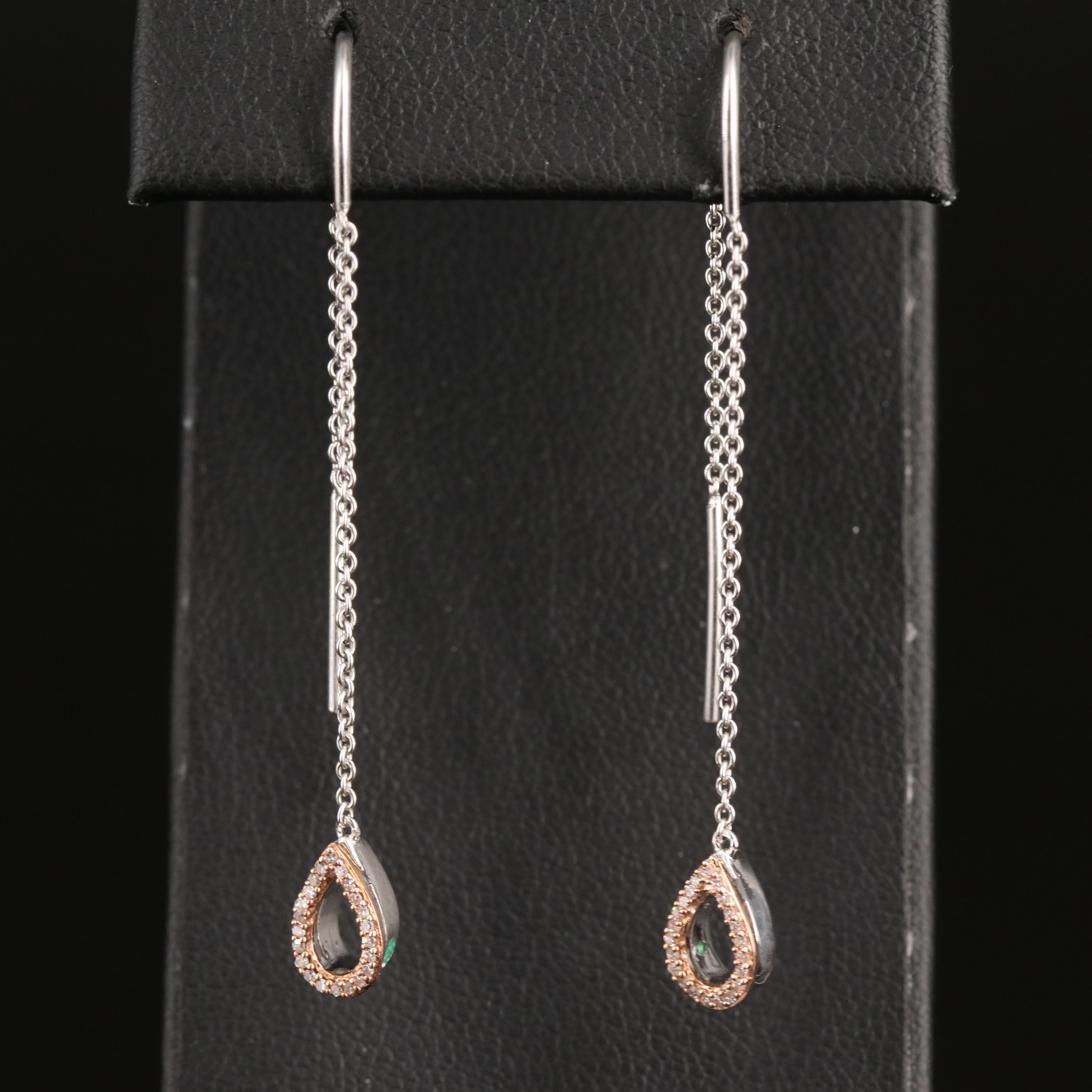 Sterling Diamond Teardrop Threader Earrings with 10K Rose Gold Accents