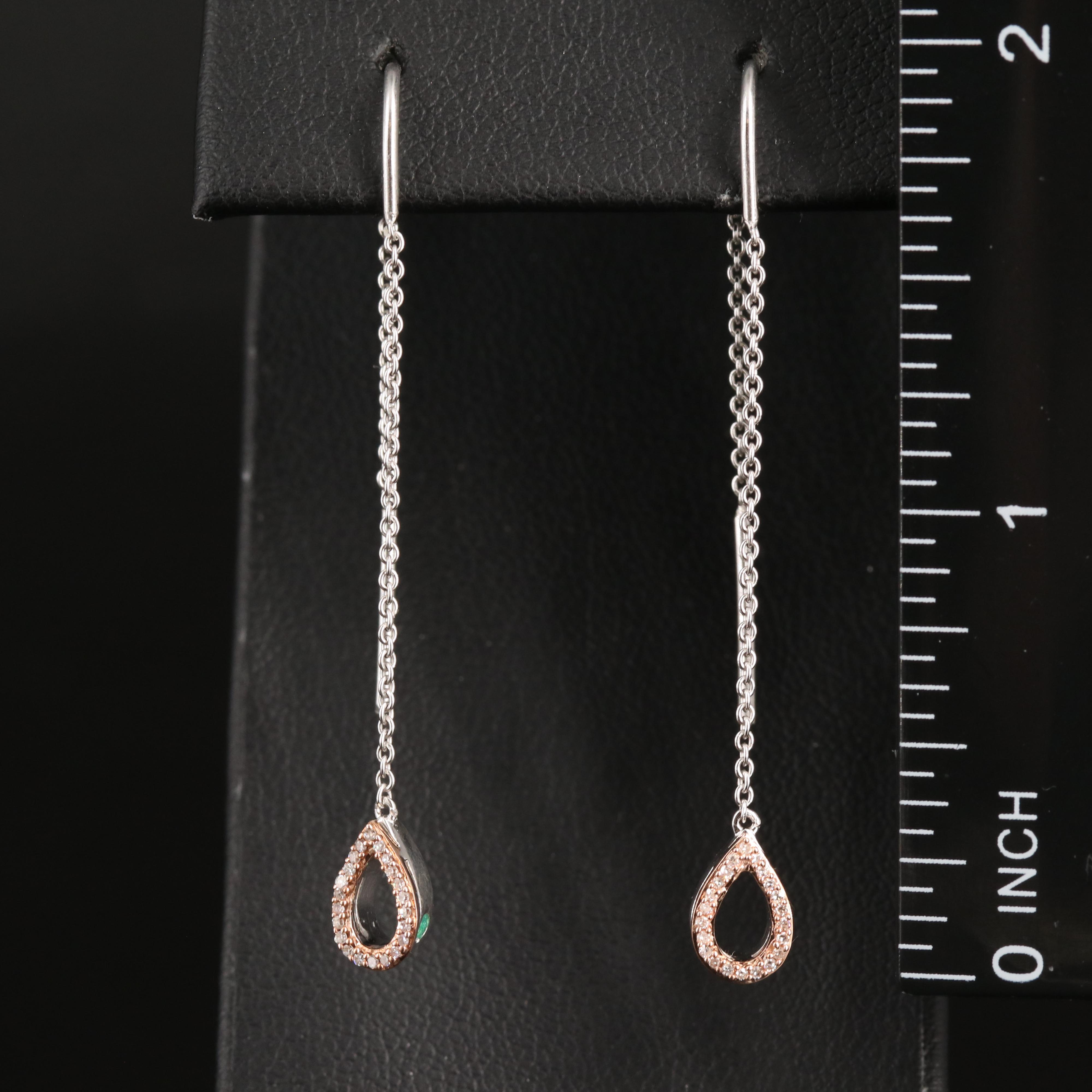 Sterling Diamond Teardrop Threader Earrings with 10K Rose Gold Accents