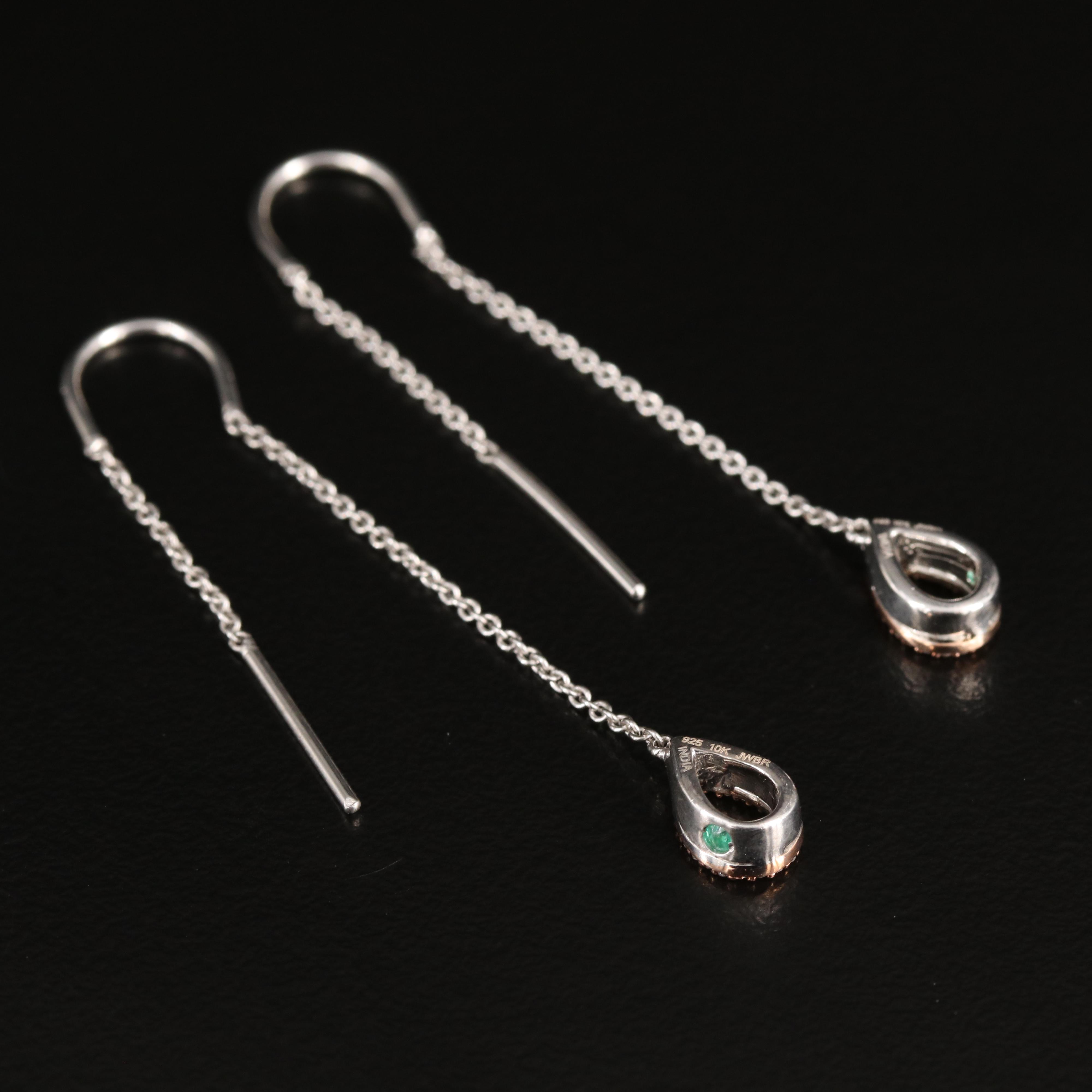 Sterling Diamond Teardrop Threader Earrings with 10K Rose Gold Accents