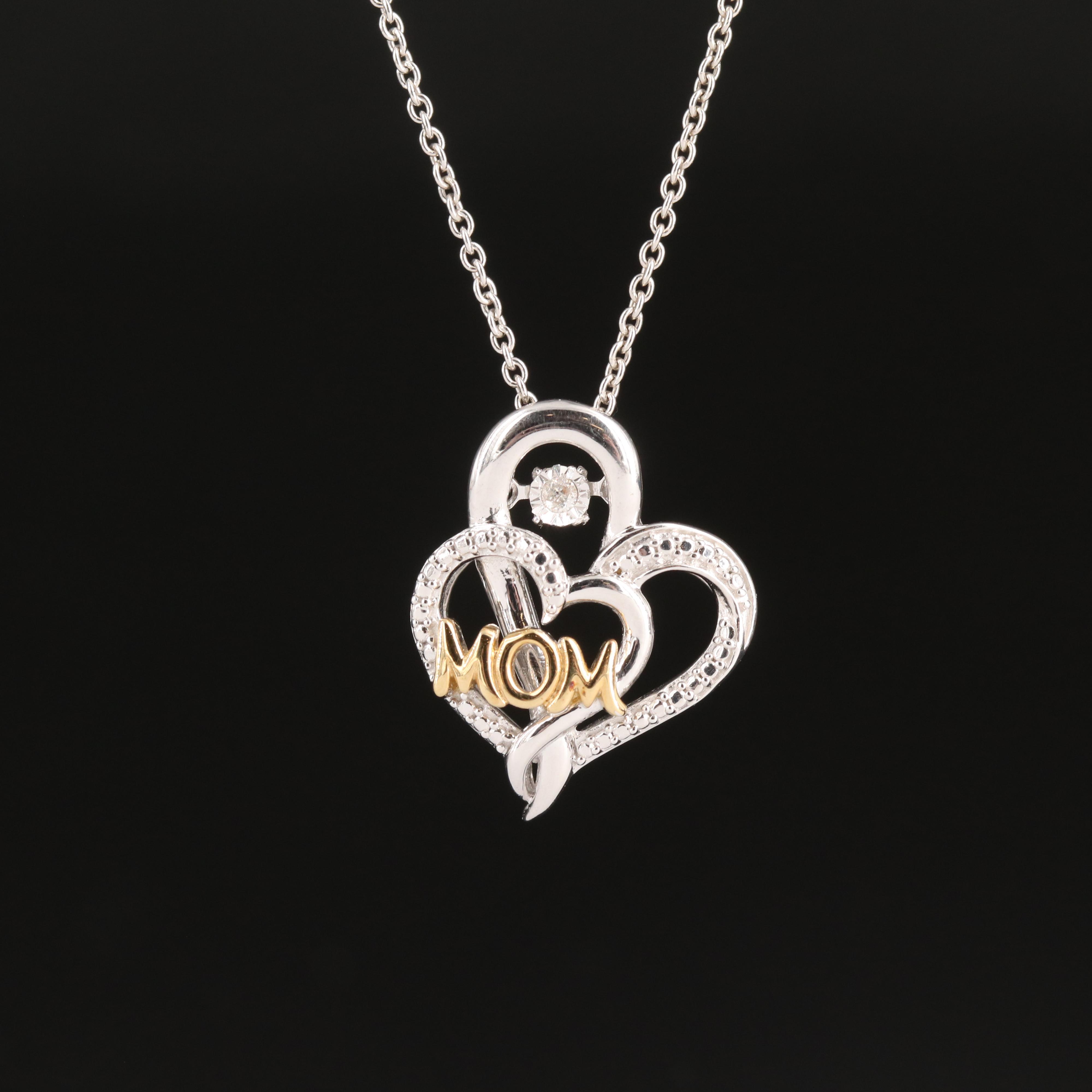 Sterling Diamond "Mom" Heart Pendant Necklace with Trembler