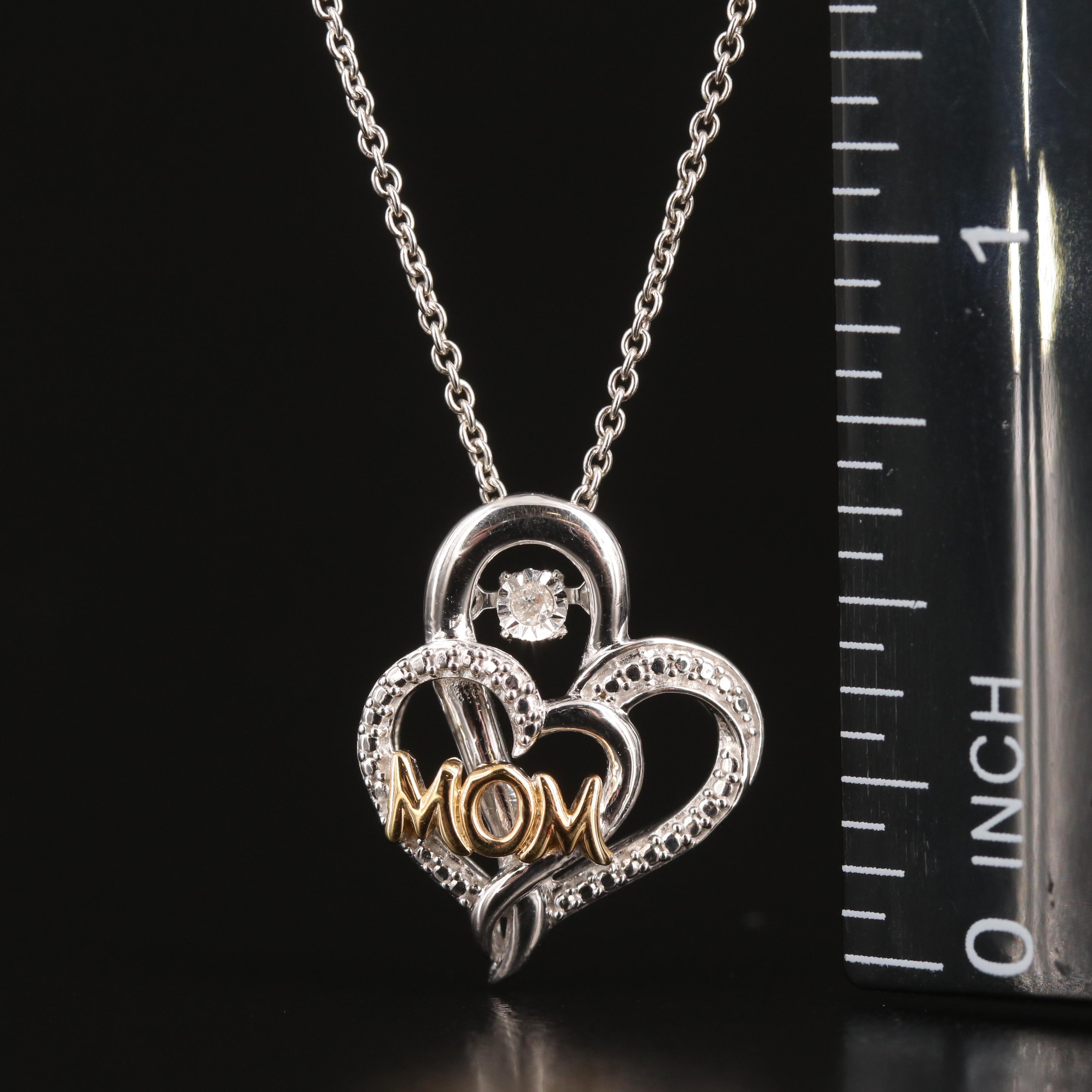 Sterling Diamond "Mom" Heart Pendant Necklace with Trembler