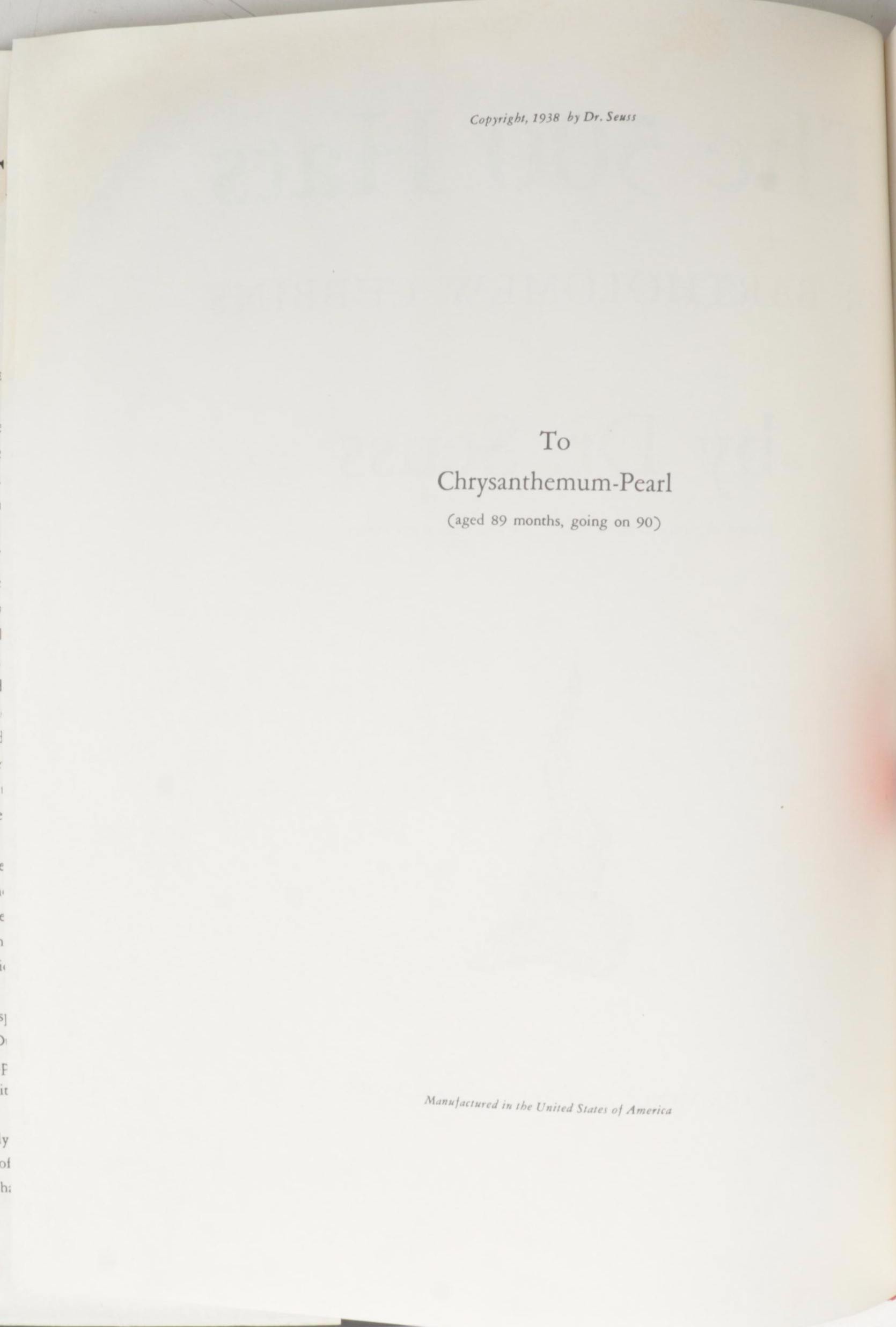 Early Printing "The 500 Hats of Bartholomew Cubbins" by Dr. Seuss, 1938