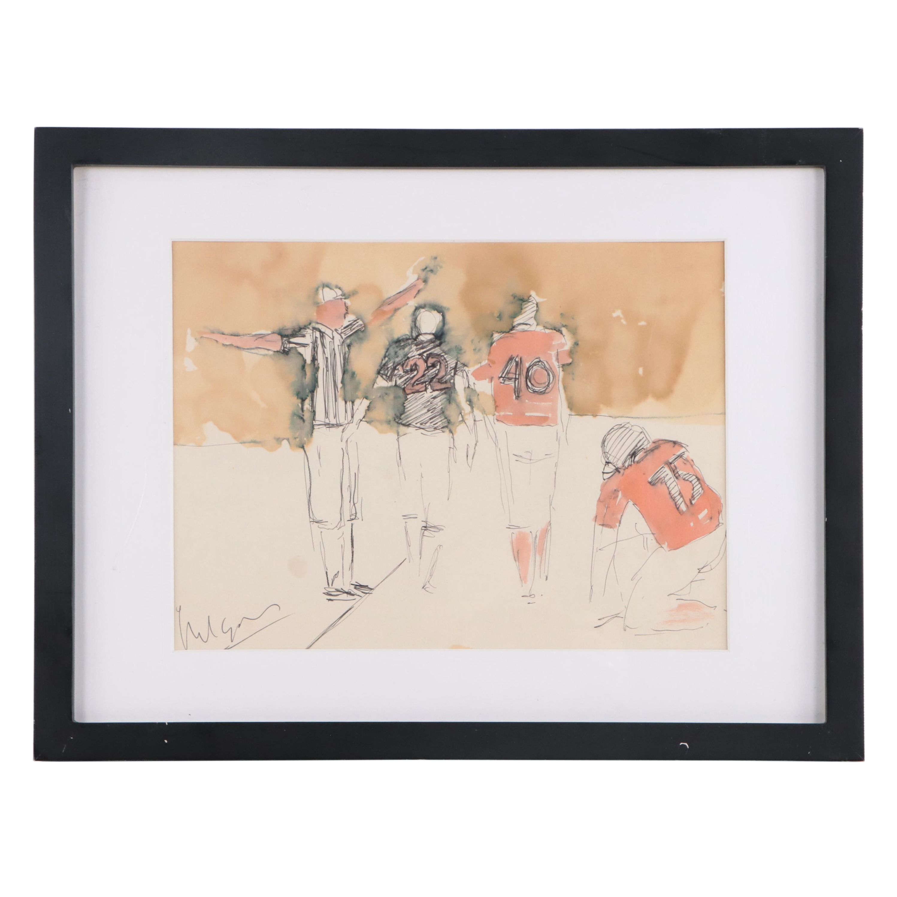 Harry Hilson Watercolor Painting of Football Players
