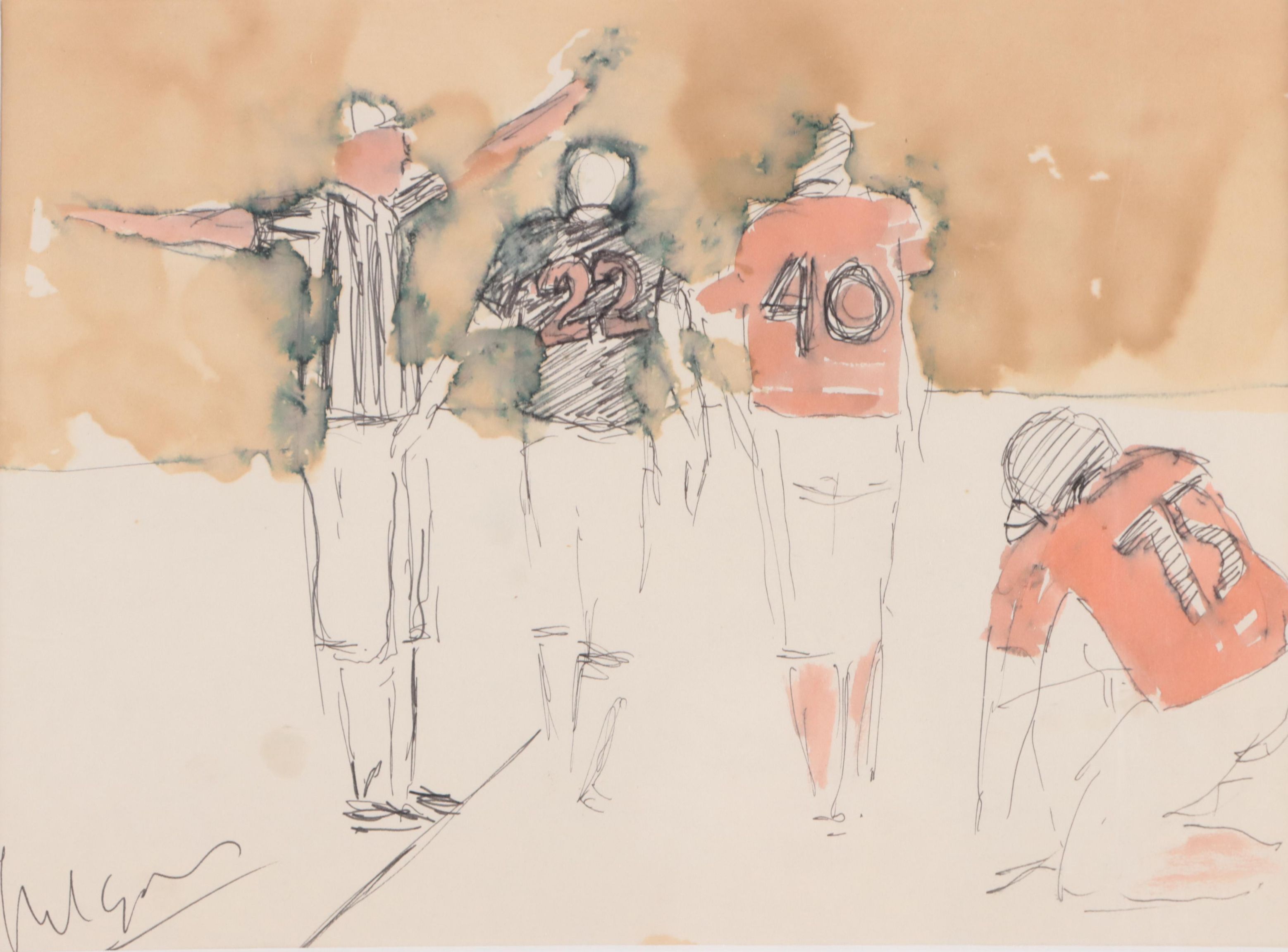 Harry Hilson Watercolor Painting of Football Players