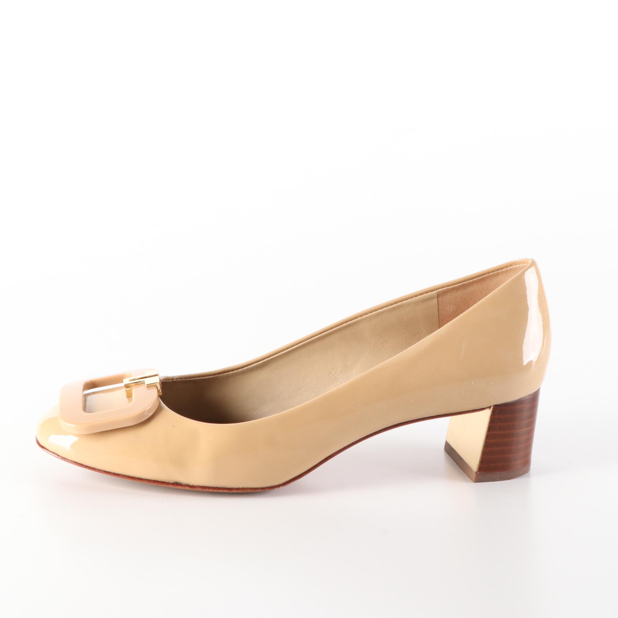 Tory Burch Peep-Toe Heels and T-Ring Pumps in Patent with Block Heel